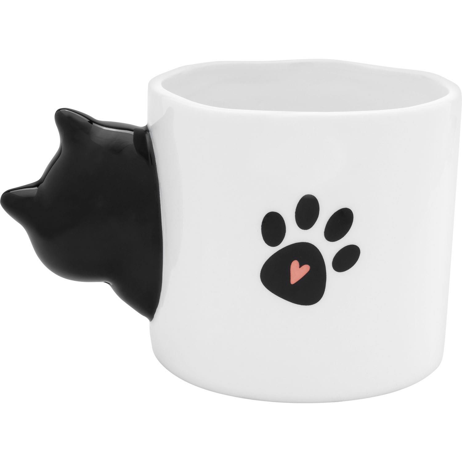 Weiße Keramik-Tasse mit Katzenpfoten-Motiv und Katzenkopf-Henkel, pinkem Herz