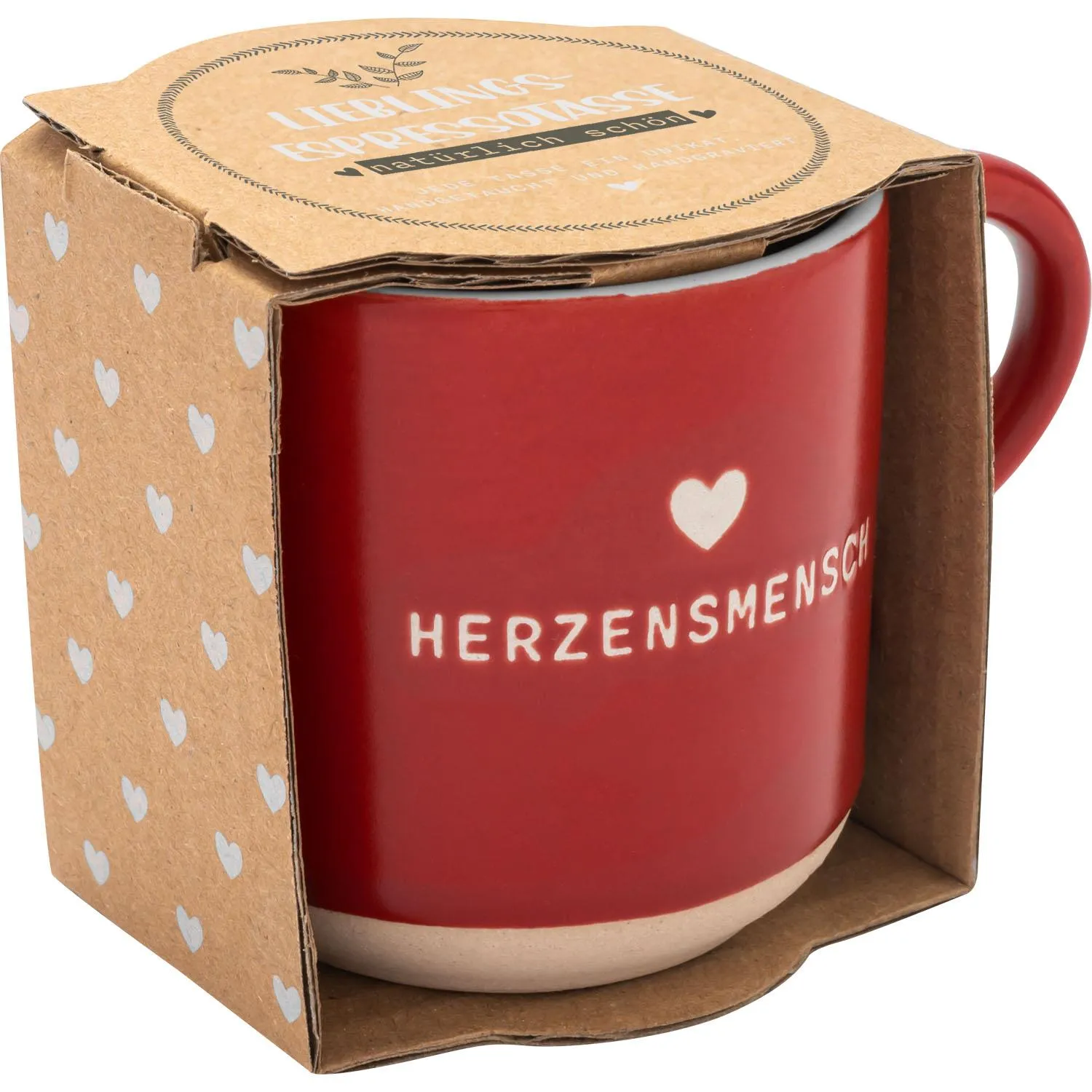Rote Espressotasse aus Steinzeug mit weißem Herz und Gravur