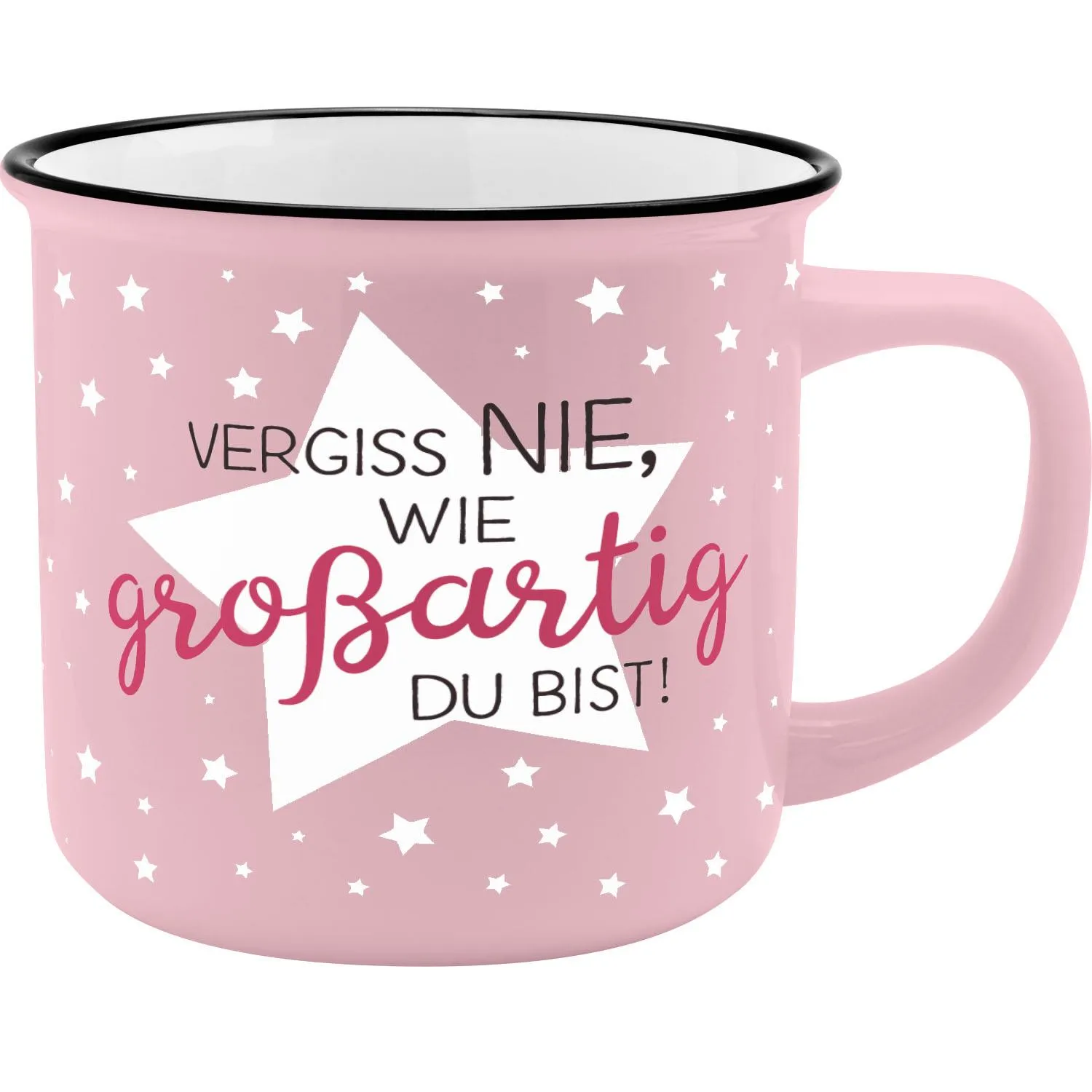 Pinkfarbener Porzellan-Becher mit Sternenmotiv und Schriftzug
