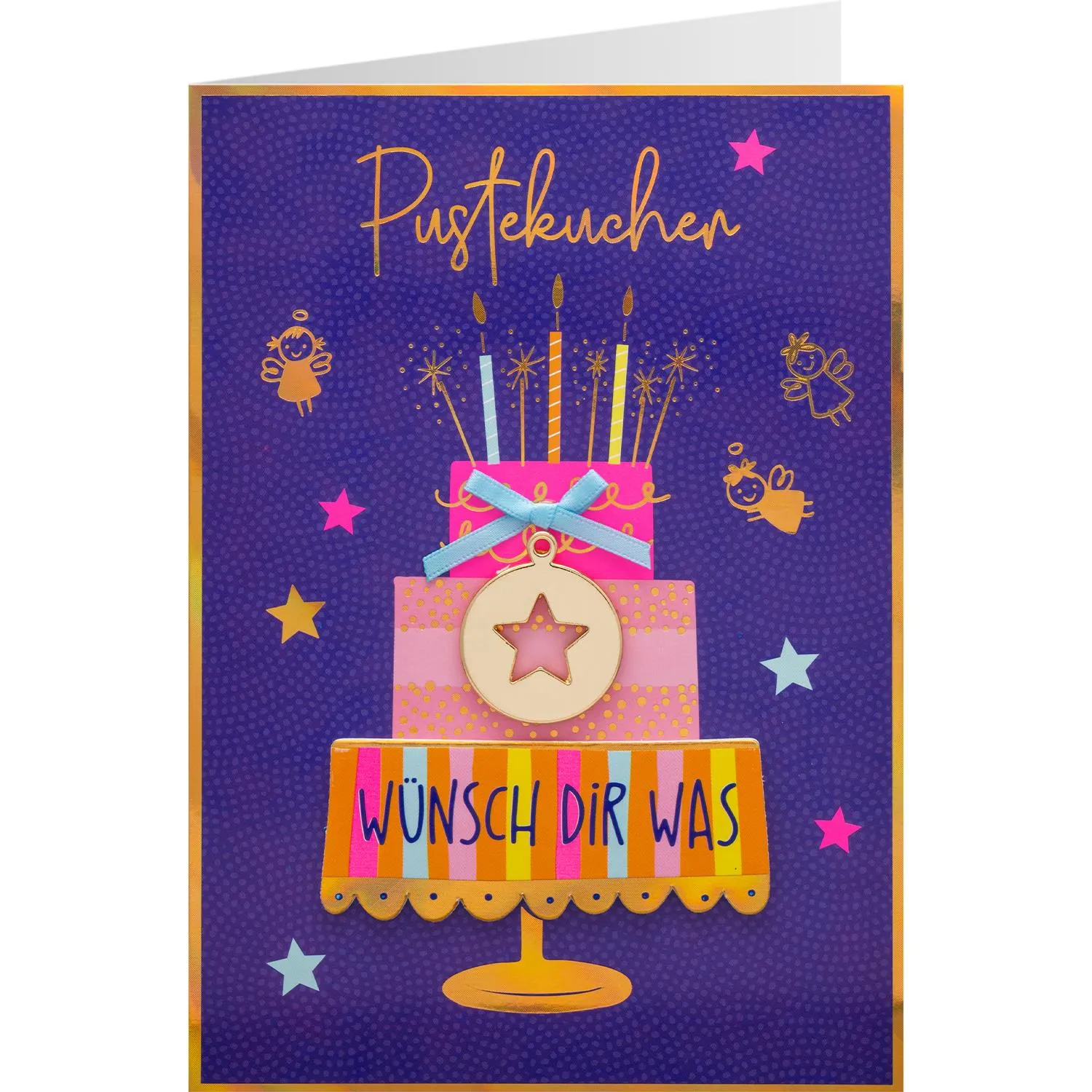 Grußkarte Schutzengel mit Regenbogen-Design, bunte Kuchen-Kerzen, Folienveredelungen, inkl. Umschlag