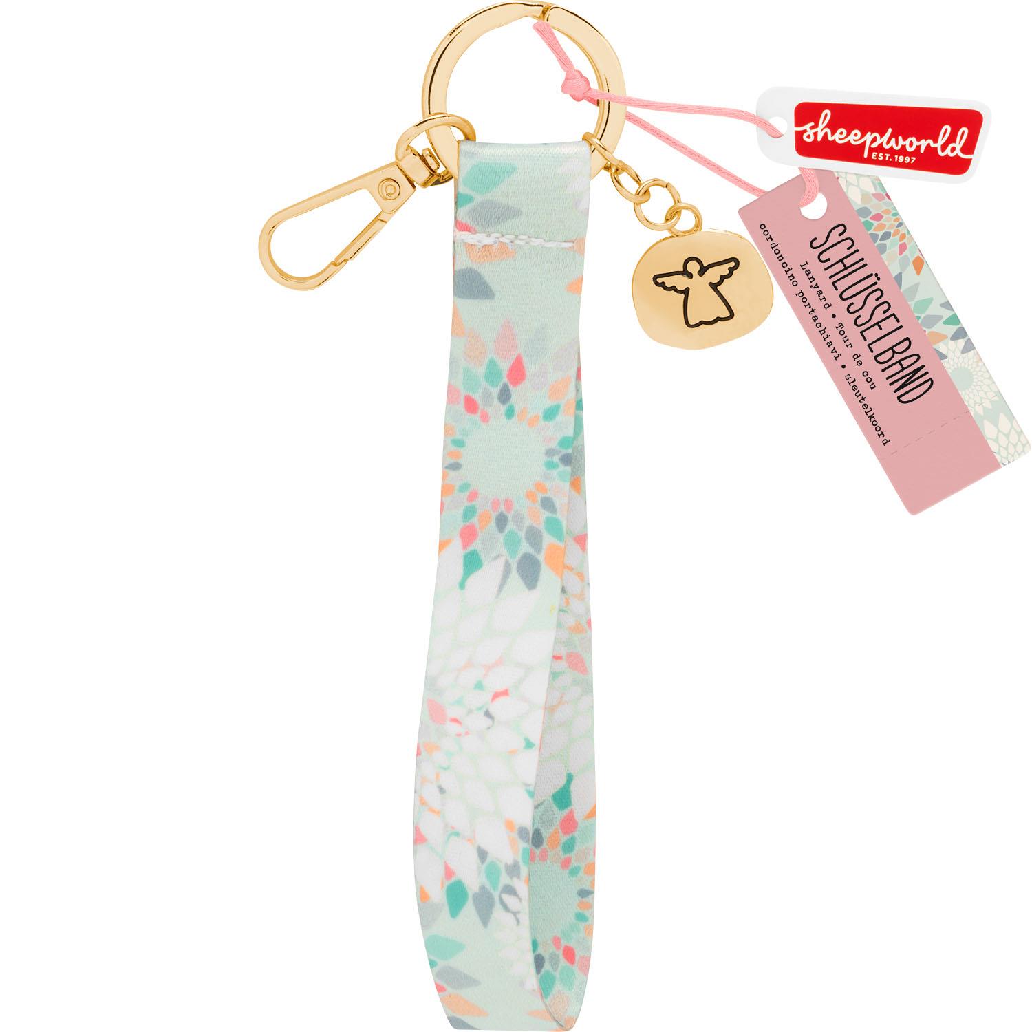 Pastellfarbenes Schlüsselband mit goldenem Engels-Anhänger und Logo-Markierung