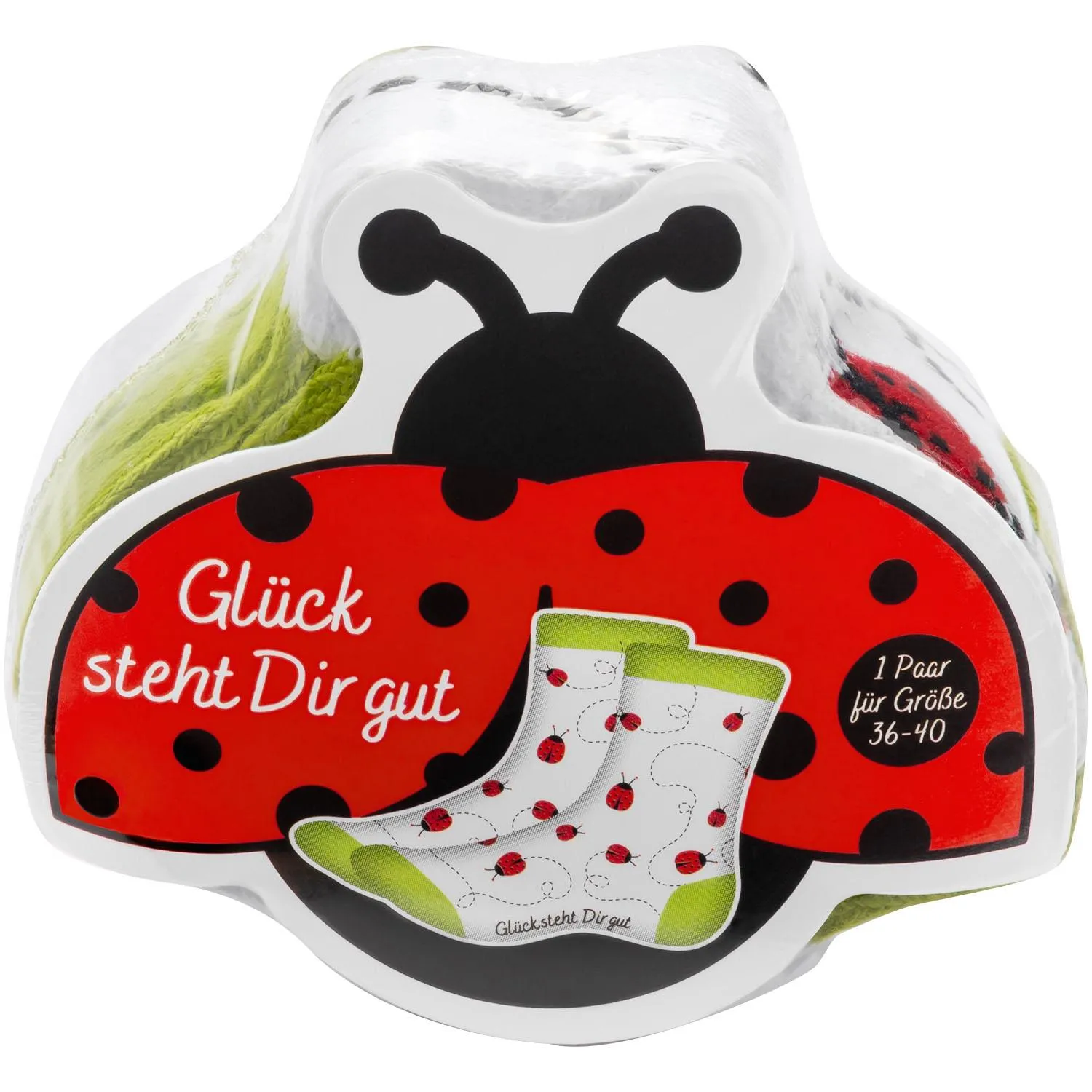 Zaubersocken »Gut« mit Marienkäfer-Motiv in roter Verpackung.