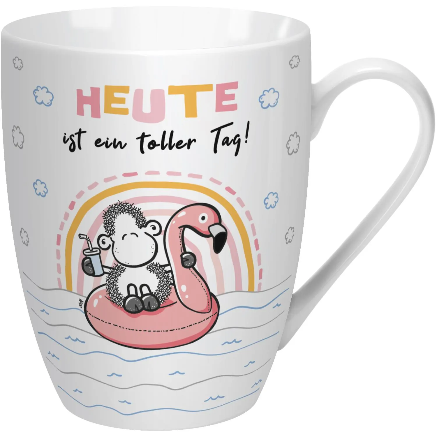 Weiße Porzellan-Tasse mit Regenbogen, Flamingo und Monkey, 'Heute ist ein toller Tag!'