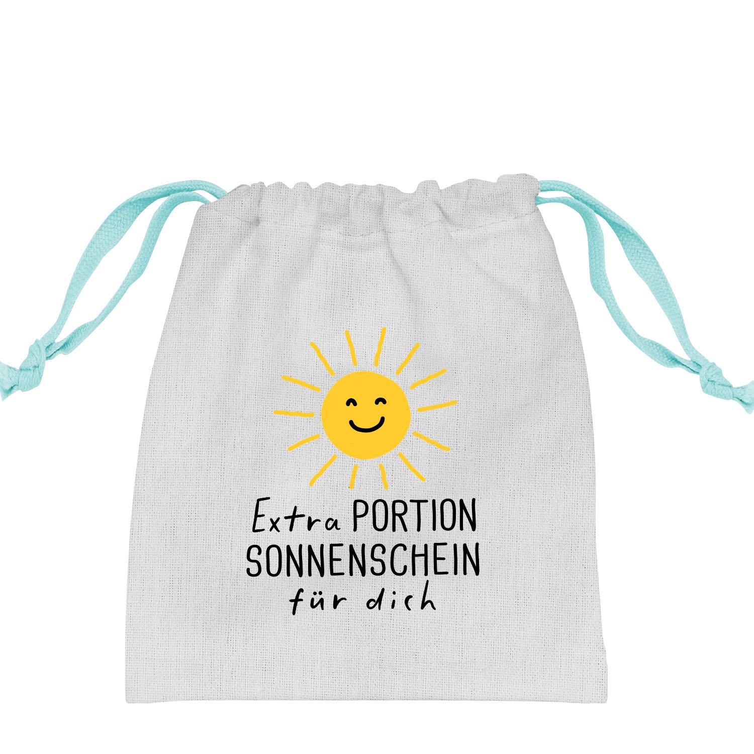 Geschenk-Säckchen »Portion Sonnenschein« aus Canvas mit Sonnenmotiv und türkisfarbenen Kordeln