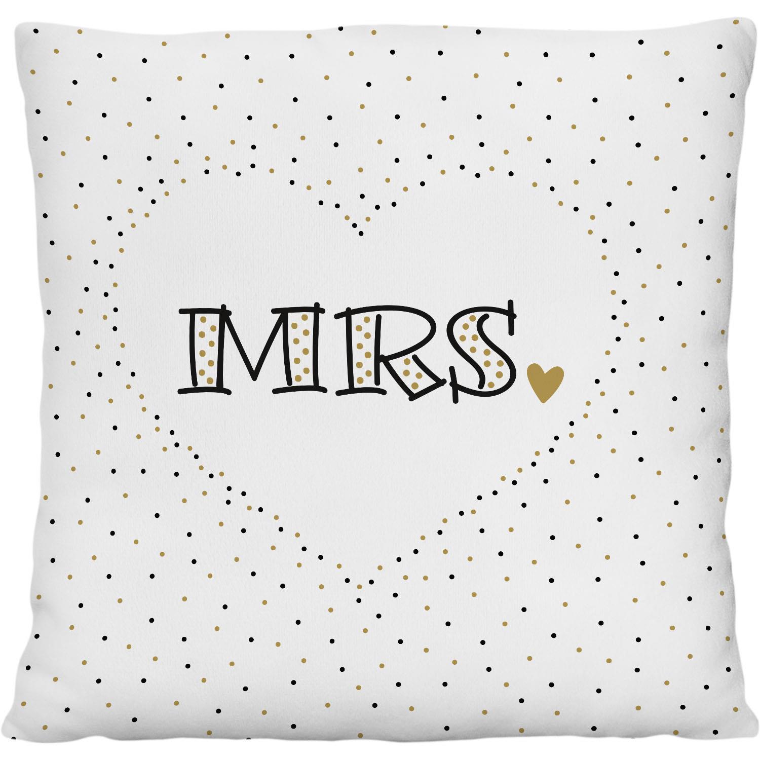 Weißes Plüschkissen mit Gold-/Schwarzpunkten und Herzdetail, Schriftzug MRS