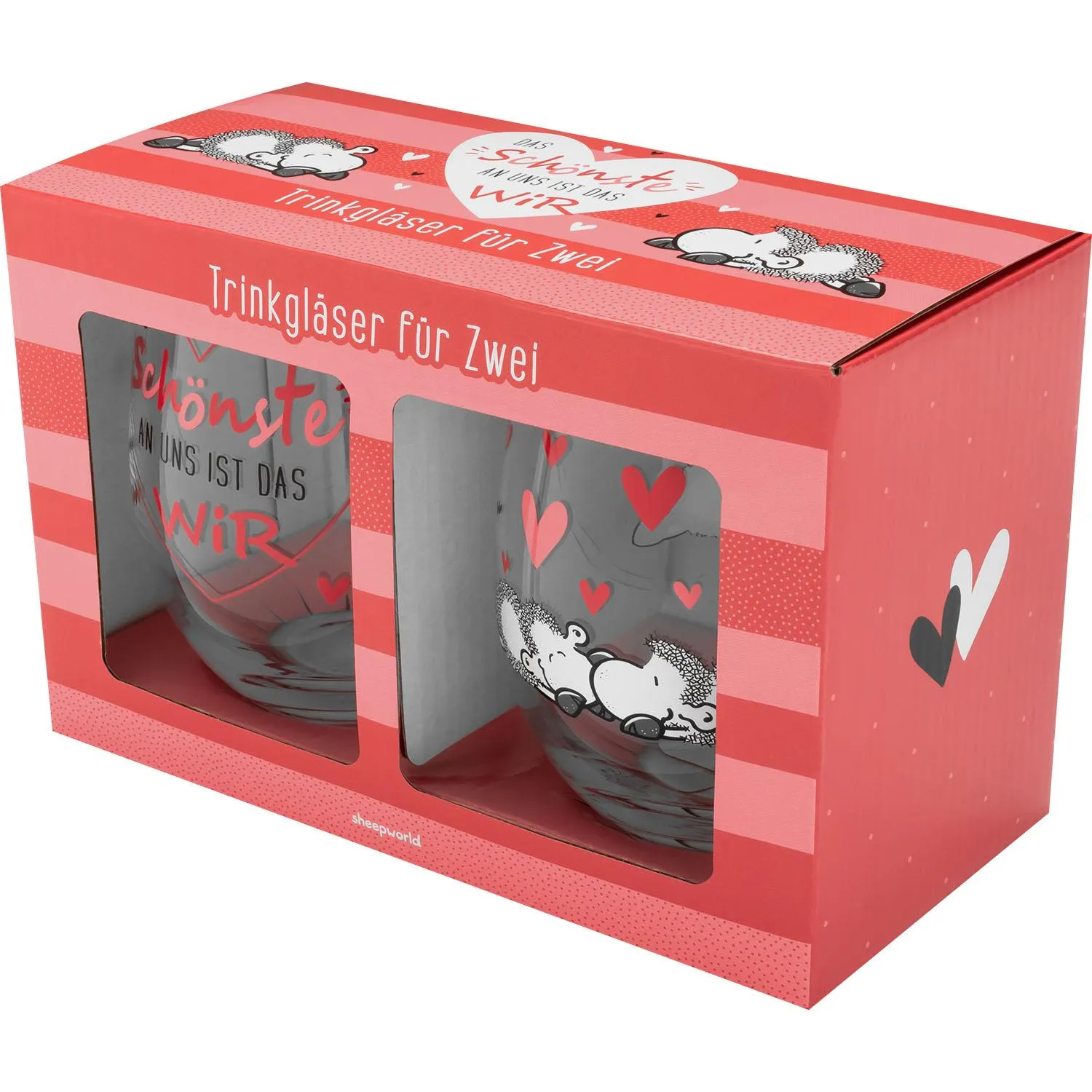 Trinkglas-Set für zwei in Geschenkbox mit Schaf-Motiv und Herzen