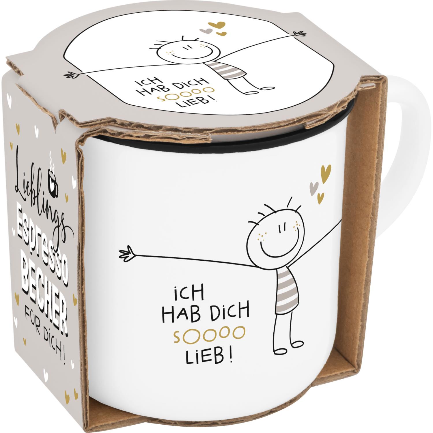 Weißer Espressobecher aus New Bone China Porzellan mit Strichmännchen-Motiv und goldenen Herzen