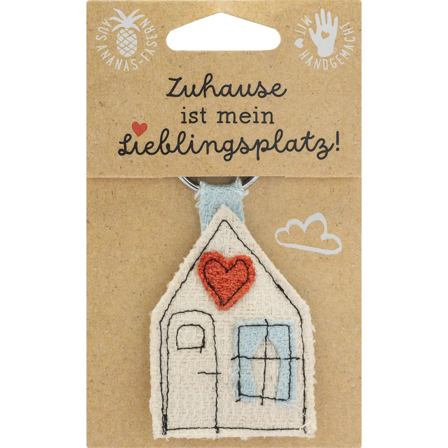 Schlüsselanhänger »Home Sweet Home« in Hausform mit rotem Herz, aus Ananasblattfaser, Baumwolle und Metall.