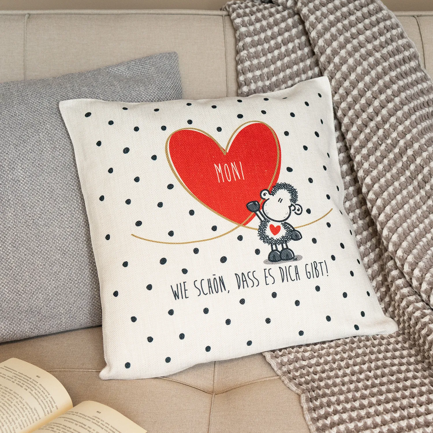 Kissen für Paare »Wie schön, dass es Dich gibt« mit Namen des Paares, Canvas-Optik, personalisiert