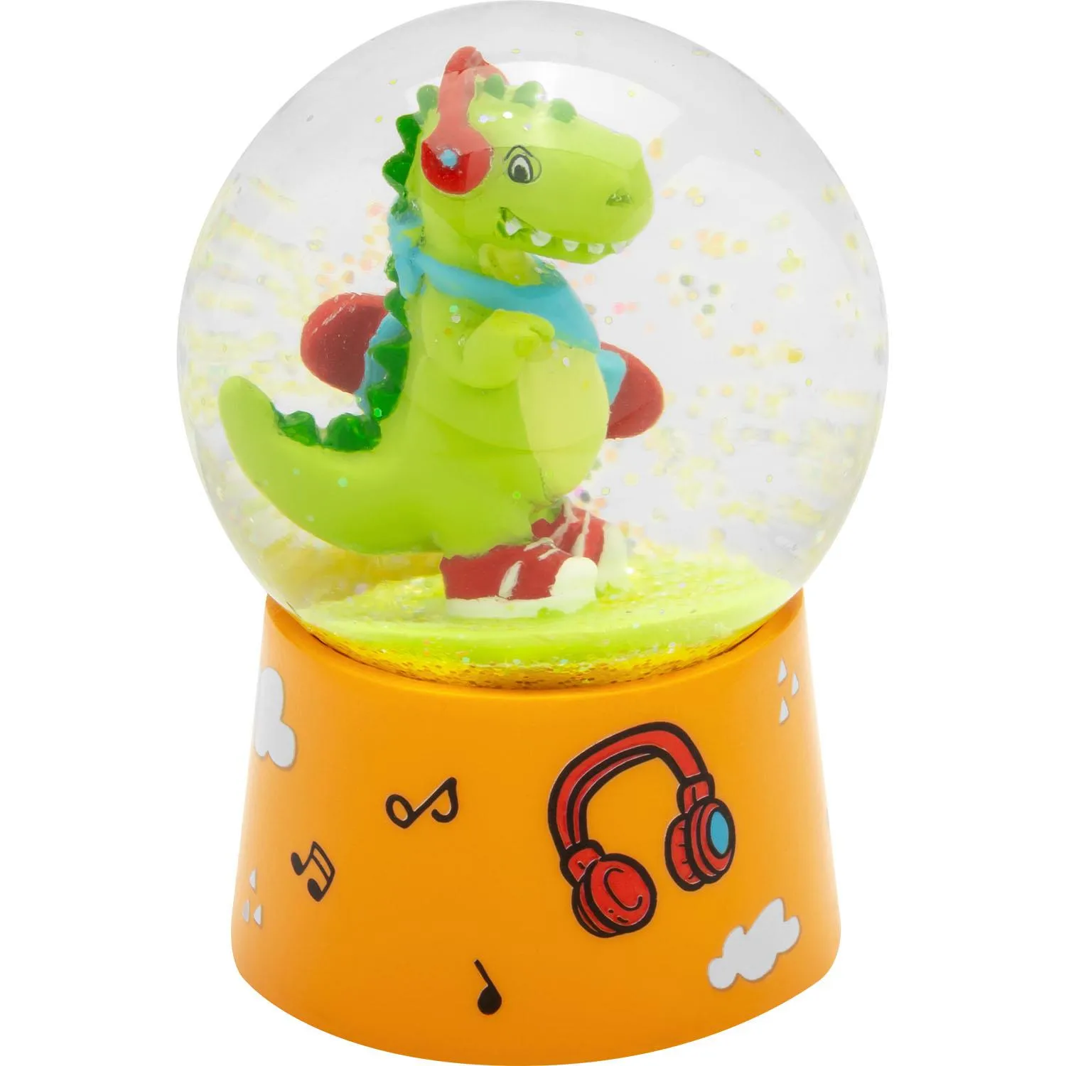 Schneekugel »Dino« mit grünem Dino, gelbem Glitter und oranger Basis