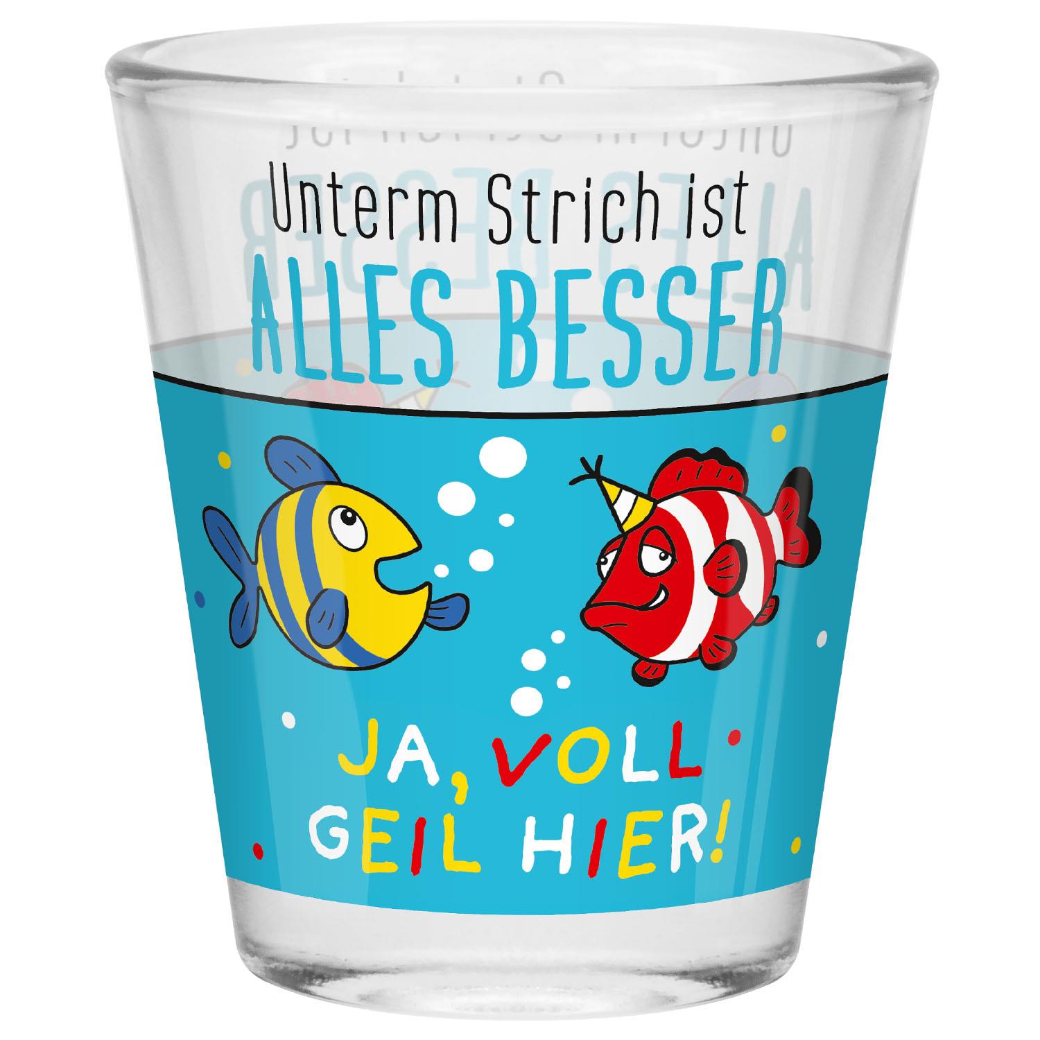Schnapsglas mit buntem Unterwasser-Motiv und frechem Spruch – 60 ml Fassungsvermögen.