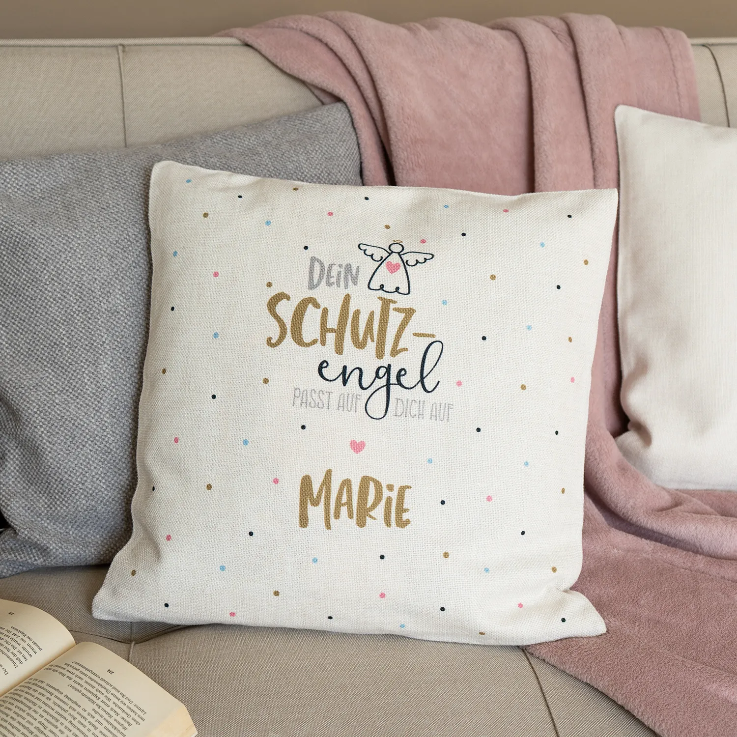 Kissen »Schutzengel für …!« mit Wunschnamen, Canvas-Optik, personalisiert