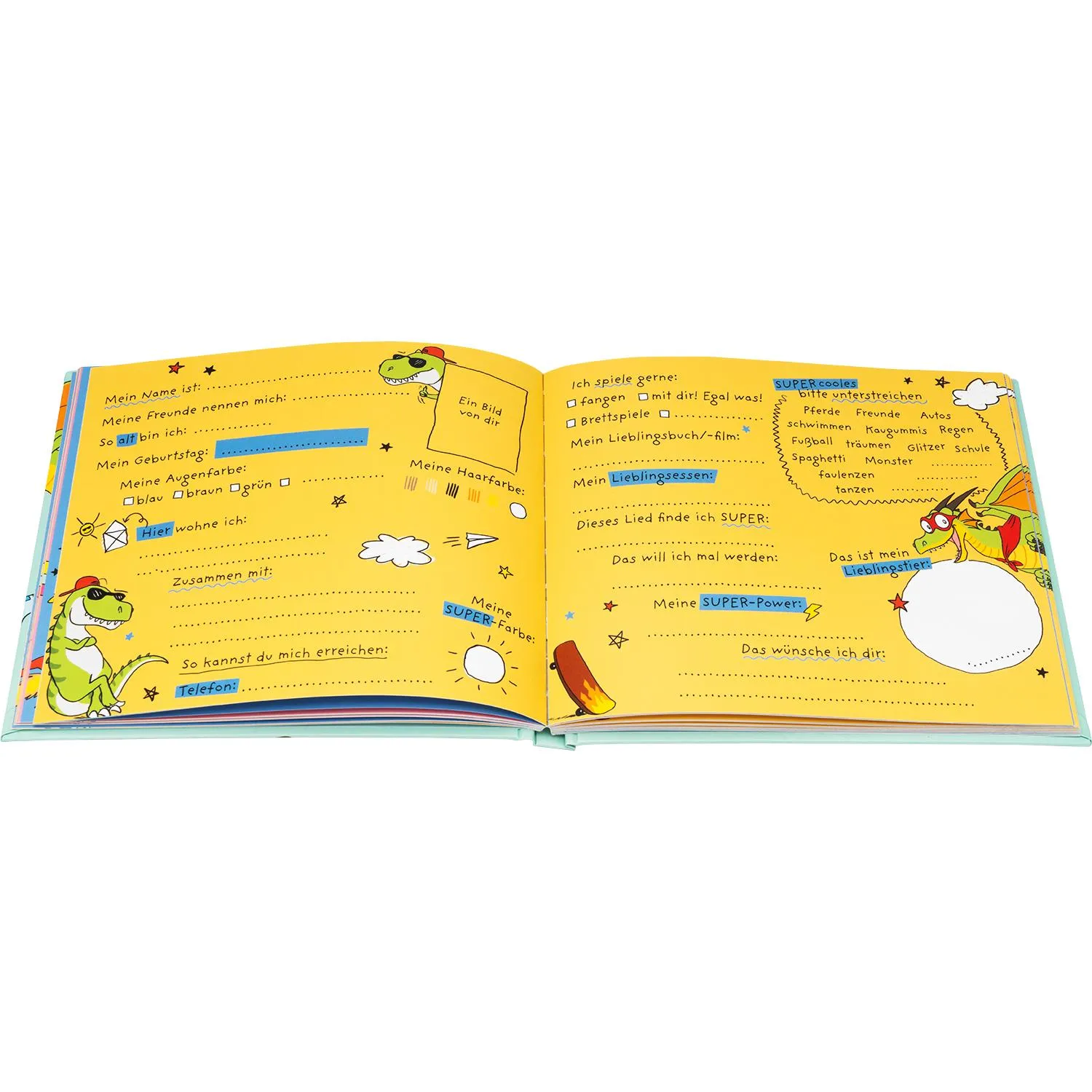 Gelbes Freundebuch »Meine super Freunde« mit 65 Doppelseiten und Glitzer-Highlights.
