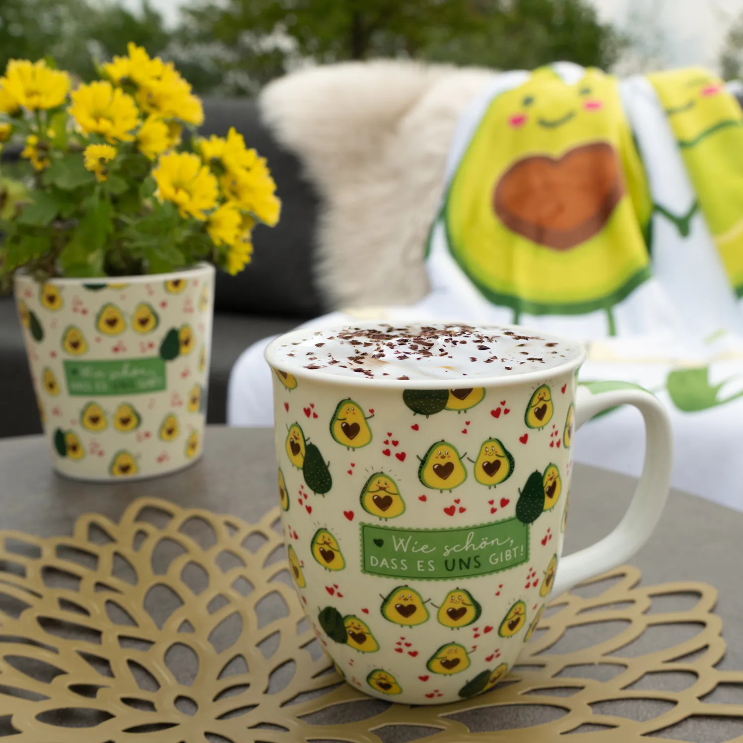 Avocado-Motiv-Blumenübertopf aus Steinzeug, 10,5 cm hoch, 10 cm Durchmesser, Geschenkbanderole.