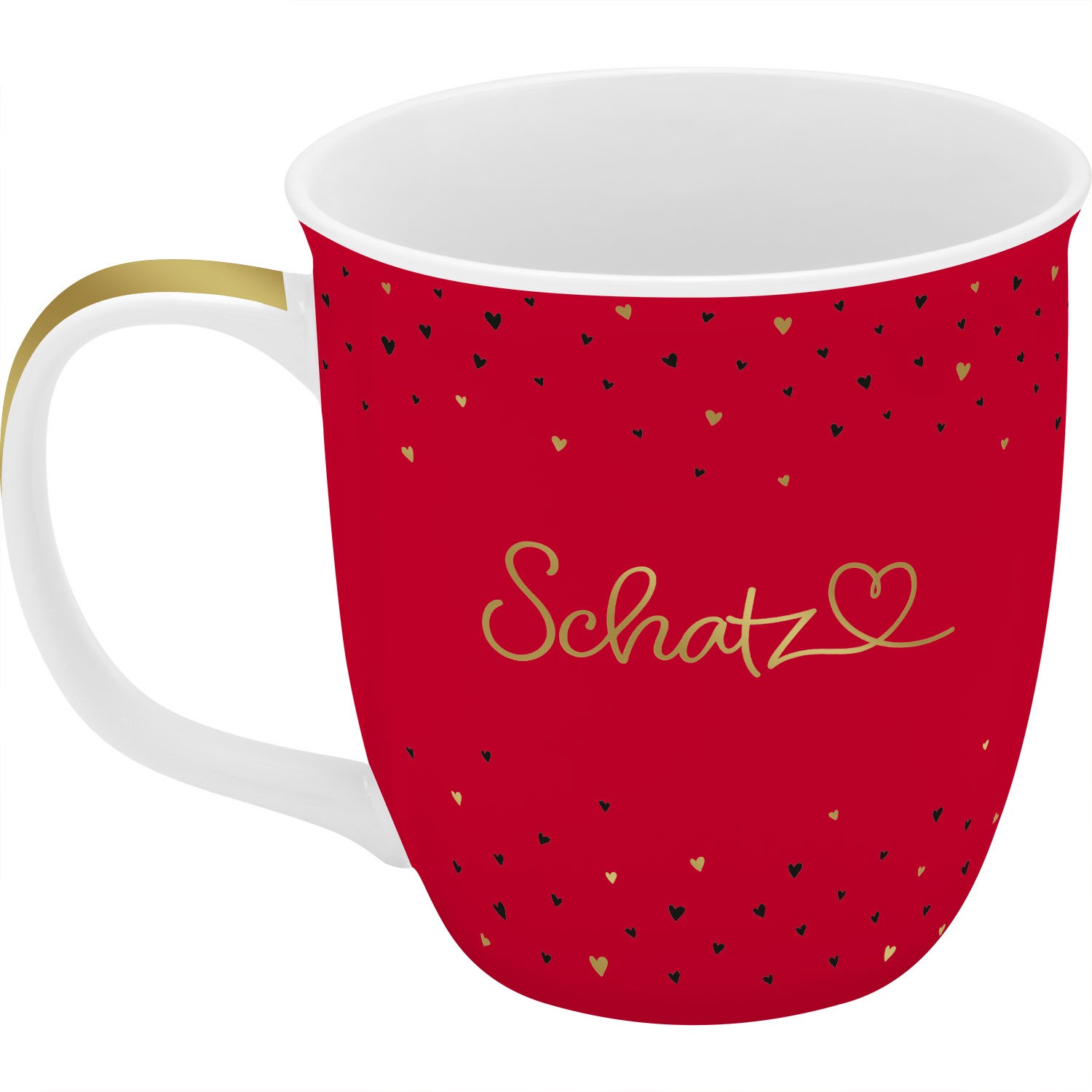 Kleine rote Porzellan-Tasse mit goldener Schrift Schatz und Herzen