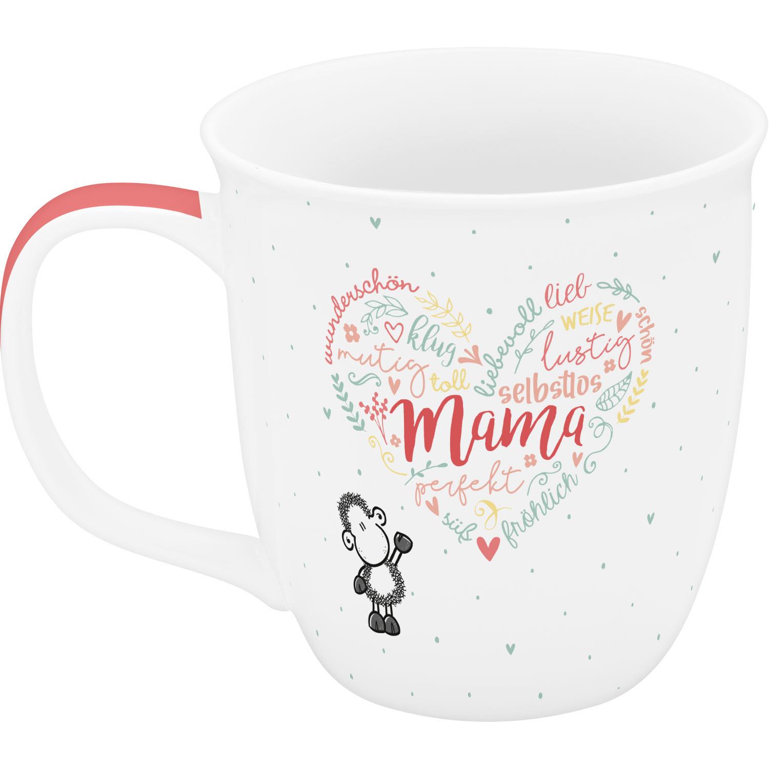Weiße Porzellan-Tasse mit Herz-Wortwolke Mama in Pastellfarben und Schäfchen-Illustration