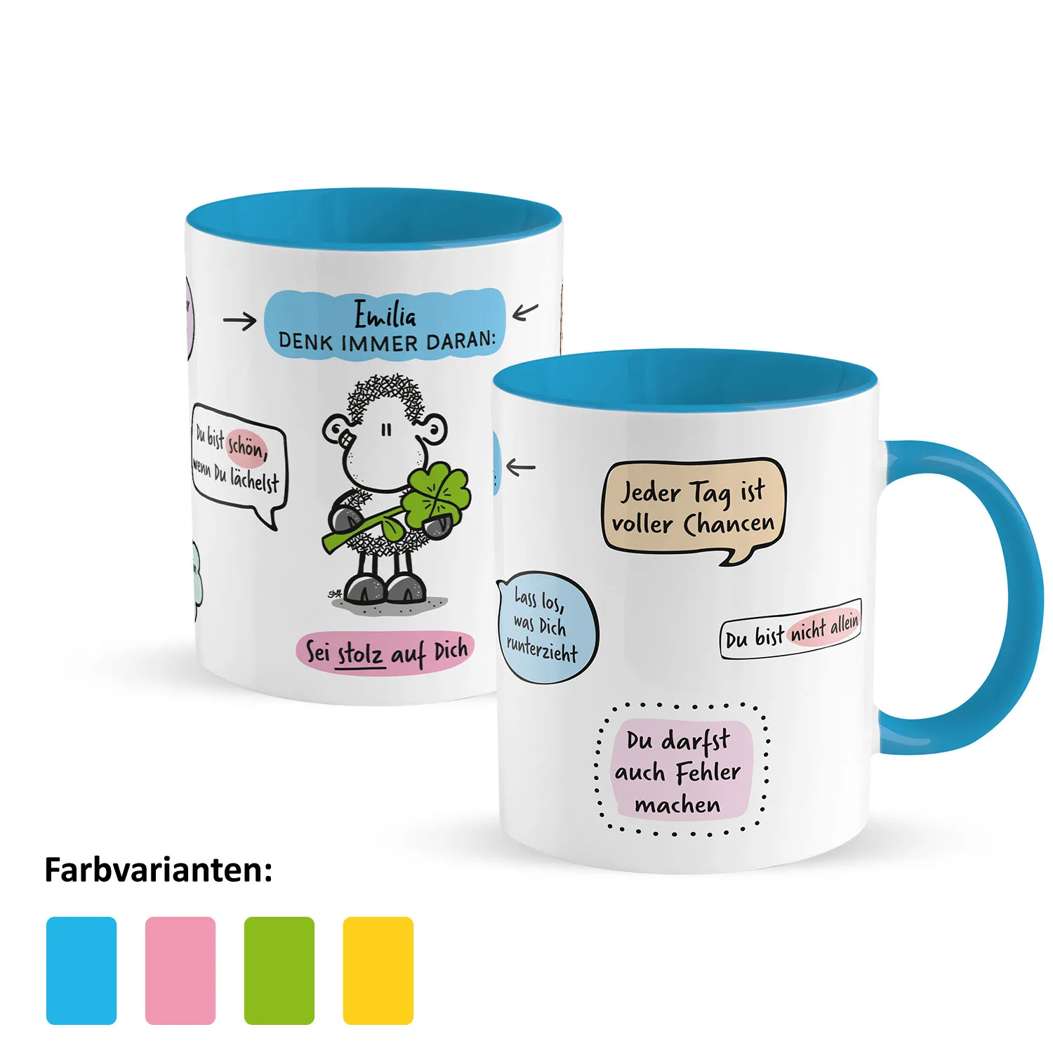 Personalisierbare Porzellan-Tasse mit Schäfchen-Motiven, blauem Innenraum und Name.