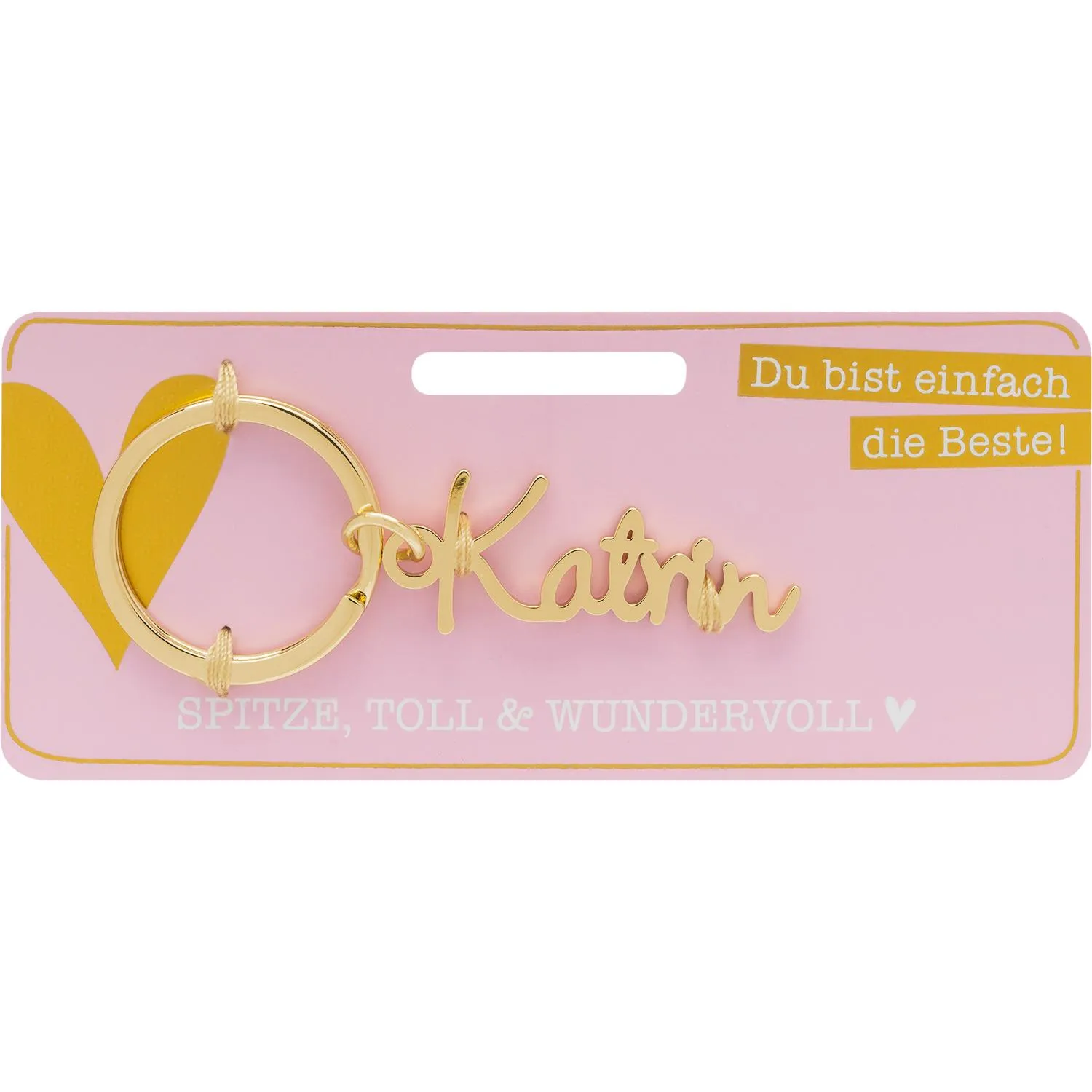 Goldener Namens-Schlüsselanhänger Katrin auf rosa Verpackung