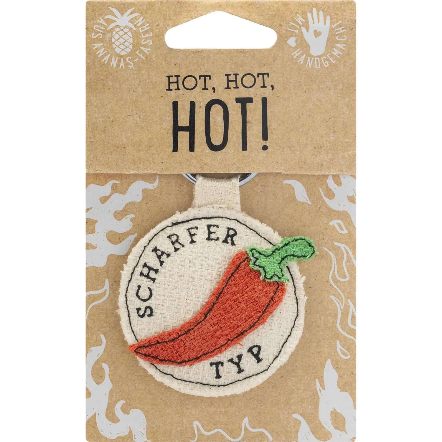 Kleiner Schlüsselanhänger aus Ananasblattfaser mit rotem Chili-Motiv und Metallring