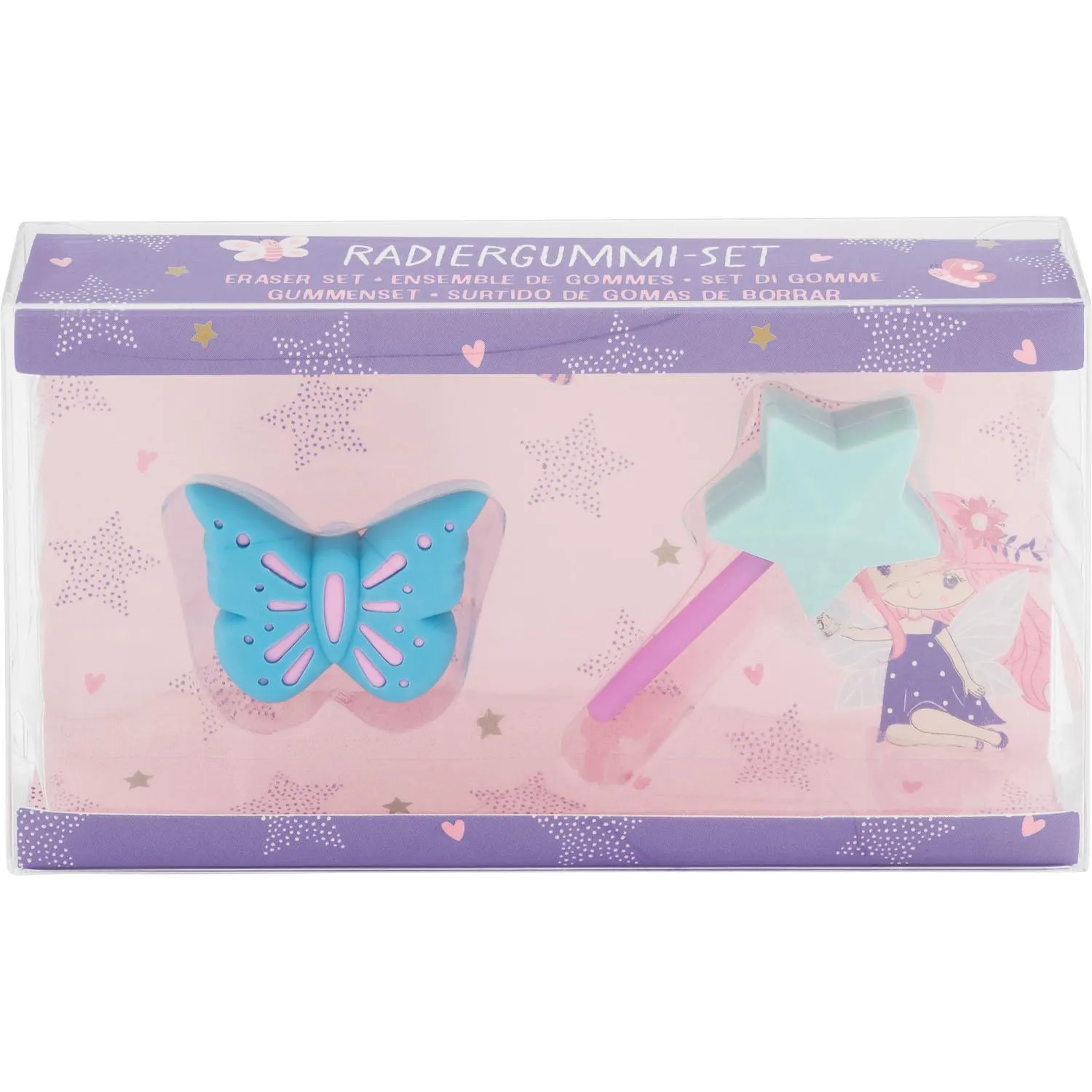 Radierer-Set »Fee« mit Schmetterlingsradiergummi und Stern-Zauberstab in pastellfarbener Geschenkbox.