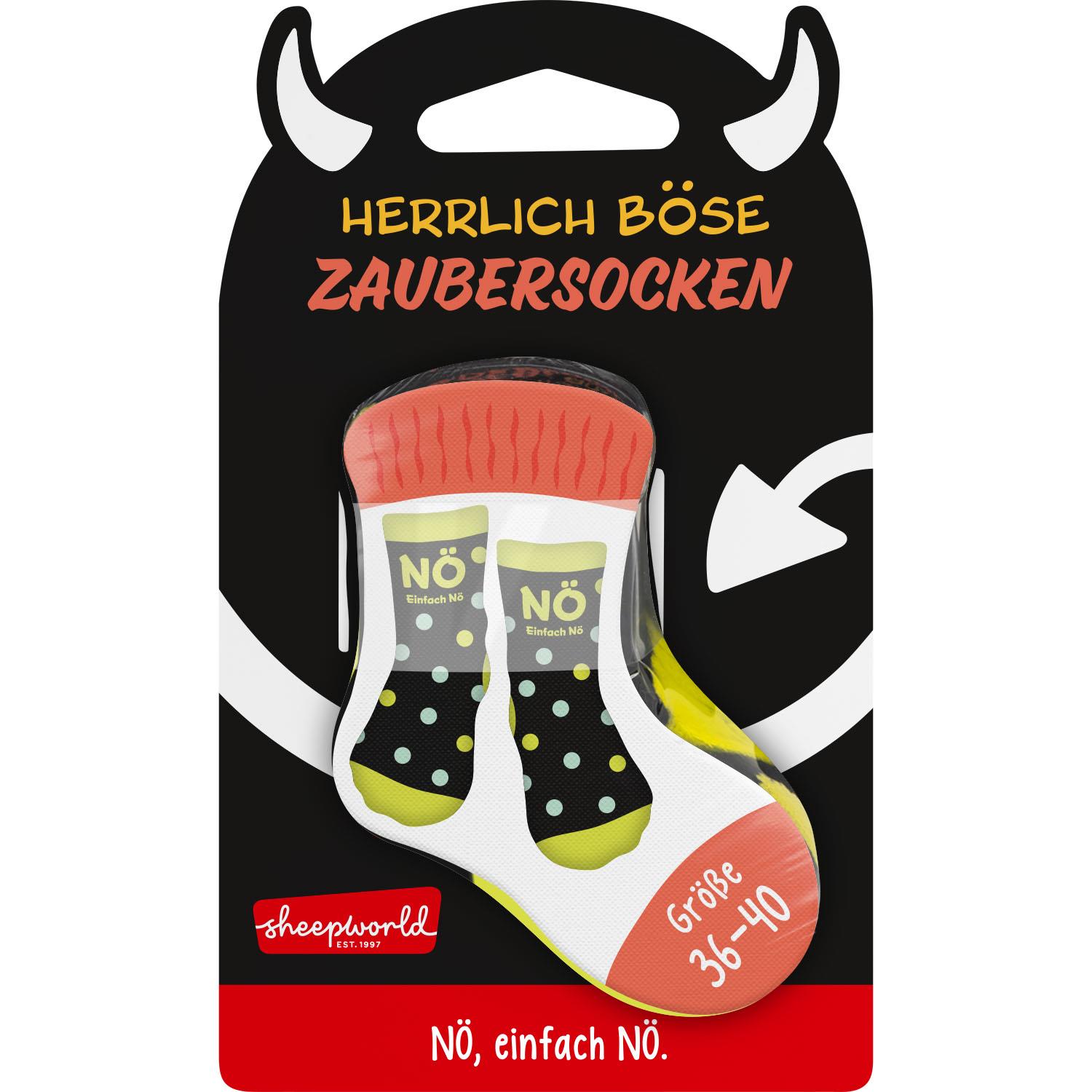 Paar Zaubersocken »Nö« mit schwarzem Grund, gelben Akzenten, pinkem Bund und bunten Tupfen.