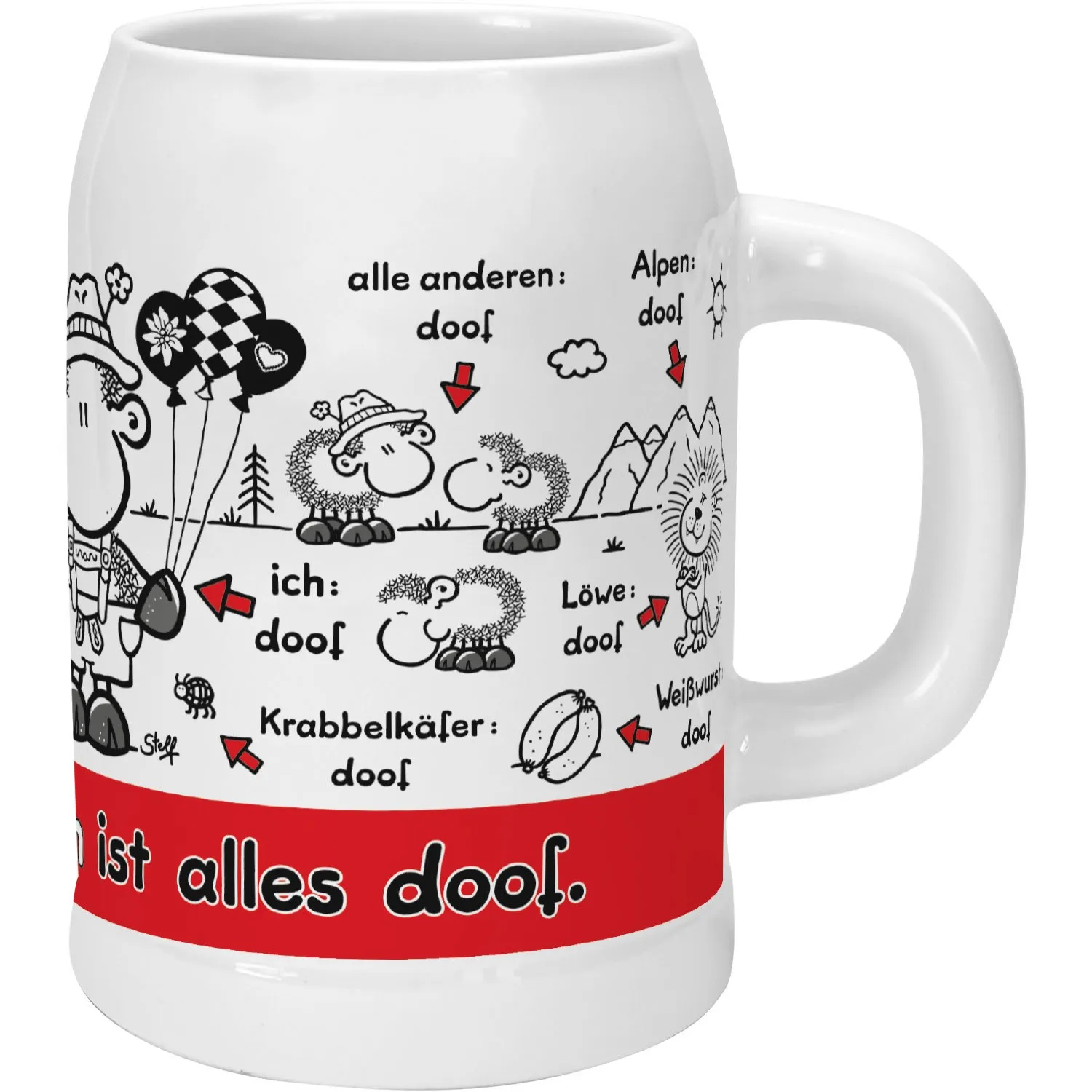 Weißer Steinzeug-Bierkrug mit bayrischem Schäfchen-Design und der Aufschrift Ohne Bayern ist alles doof