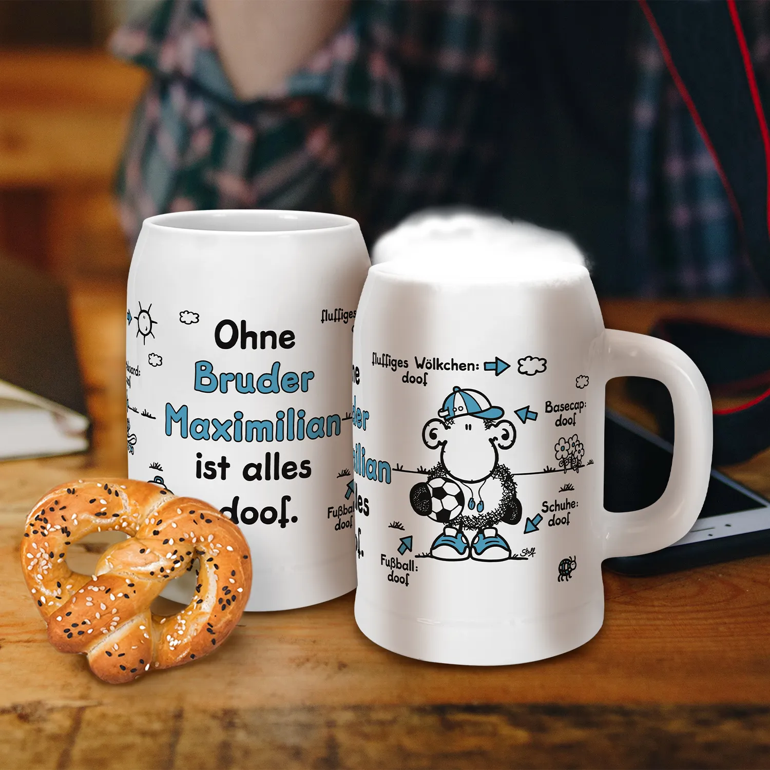 Weißer Keramik-Bierkrug mit Spruch und Schaf-Motiv, personalisierbar, 500 ml