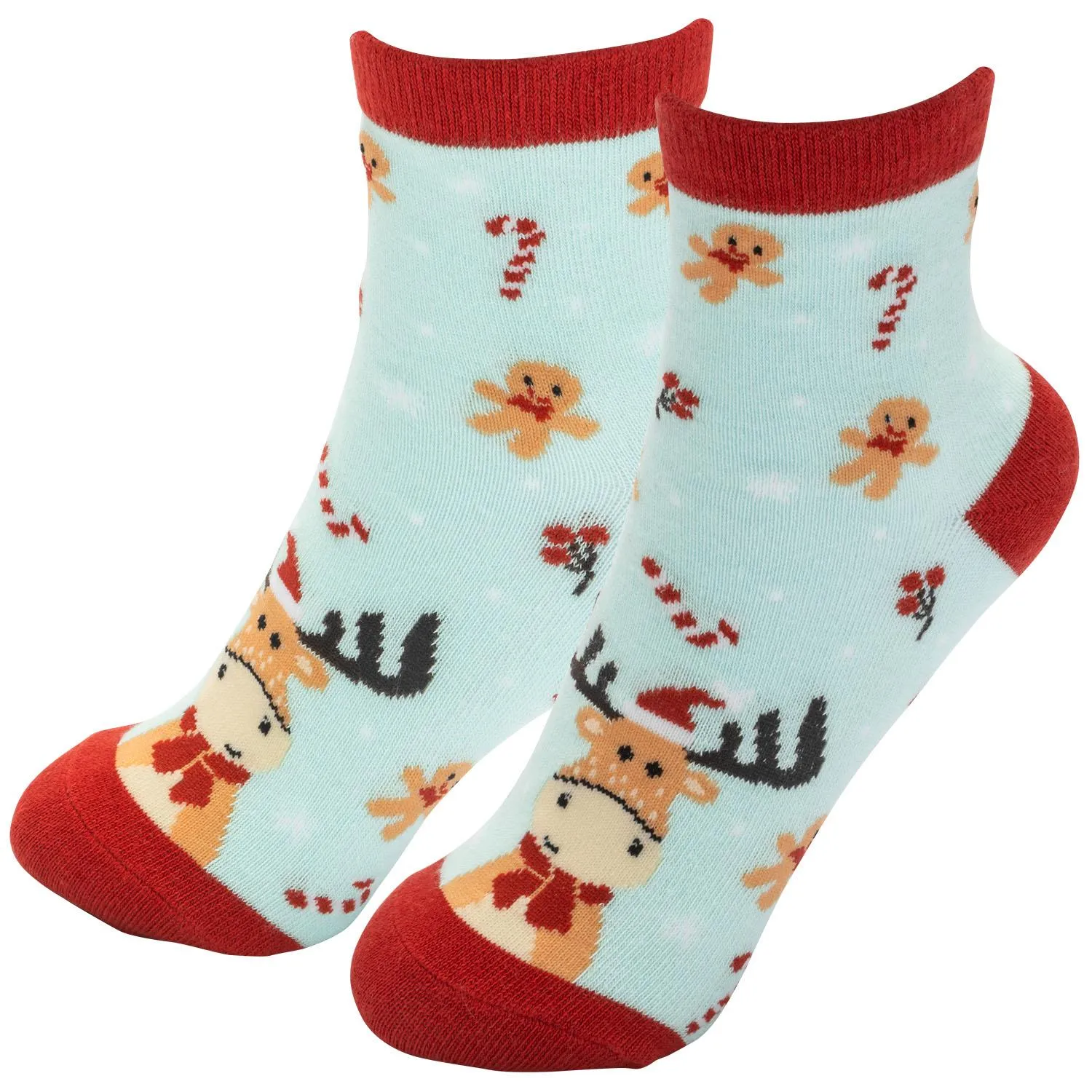 Paar hellblaue Zaubersocken »Elch« mit rotem Rand – winterliche Motive