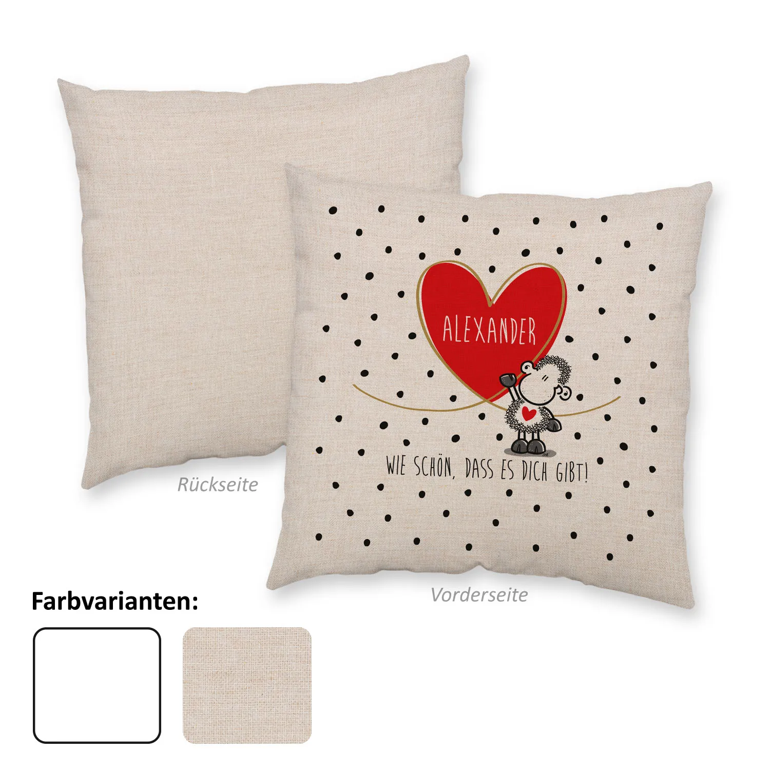 Kissenbezug in Canvas-Optik mit rotem Herz und dem Namen Alexander, Schäfchen-Motiv