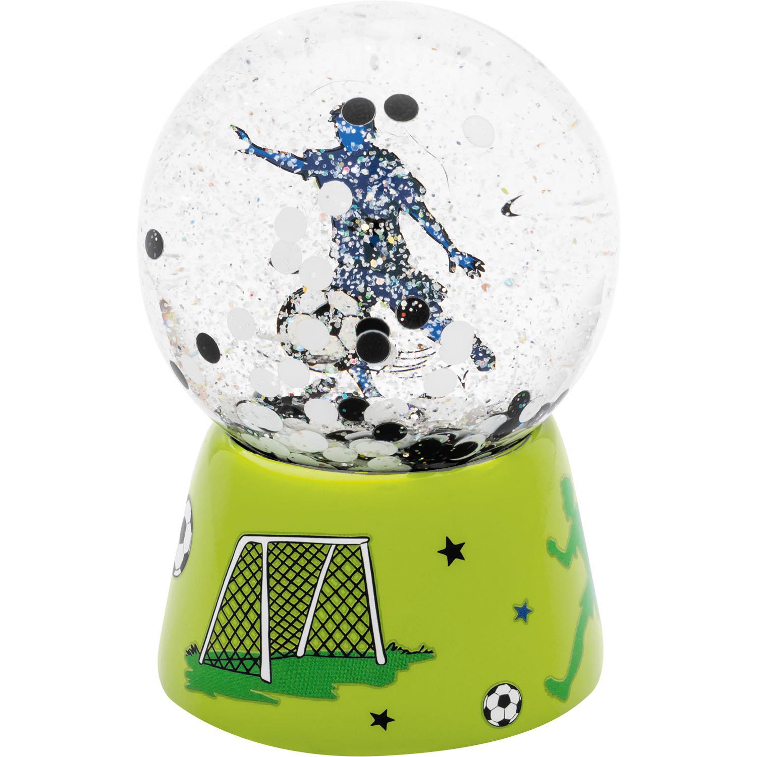 Schneekugel mit grünem Sockel und 3D-Fußballer, Glitter – dekorativ