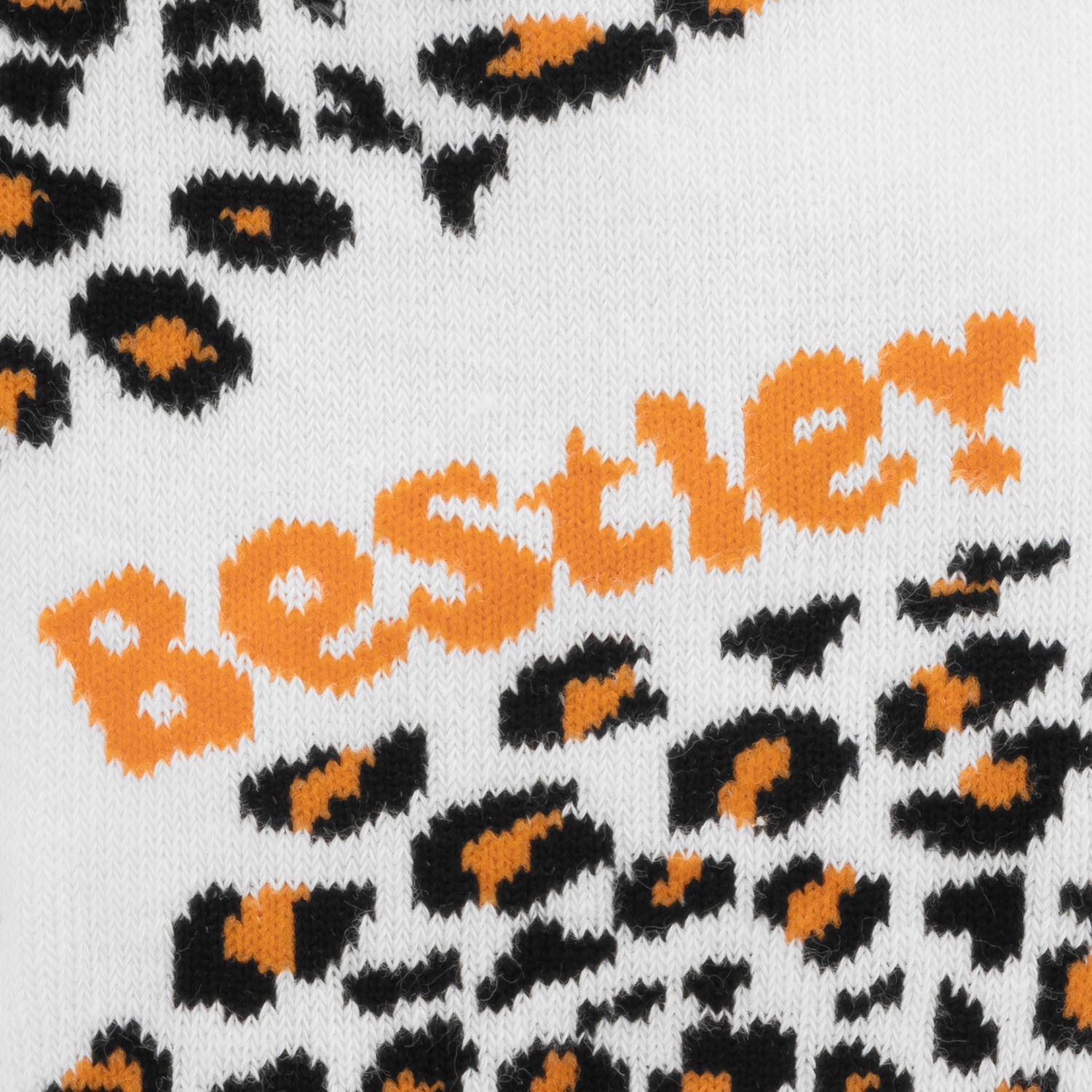 Weiße Socke mit schwarzem und orangefarbenem Leopardenmuster