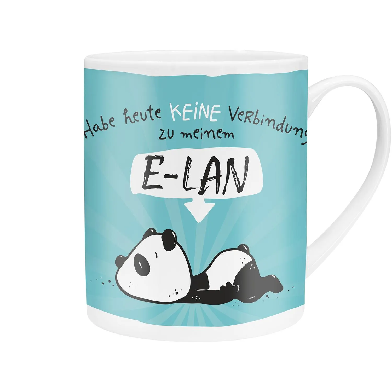 Weiße Porzellan-Tasse mit hellblauem Panda-Motiv und Spruch E-LAN.