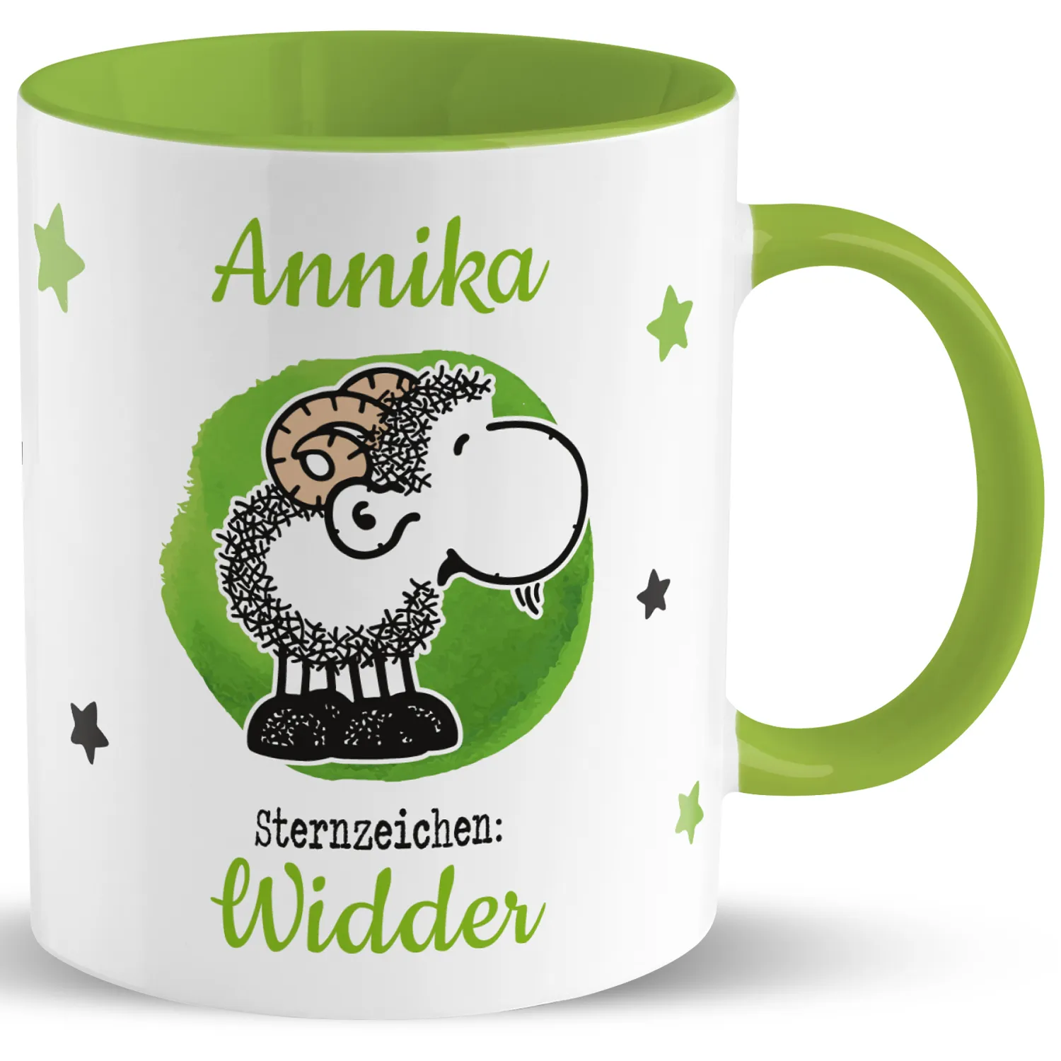 Weiße Porzellan-Tasse mit grünem Innenrand, Namenszug 'Annika' und Schaf-Motiv mit Sternzeichen Widder