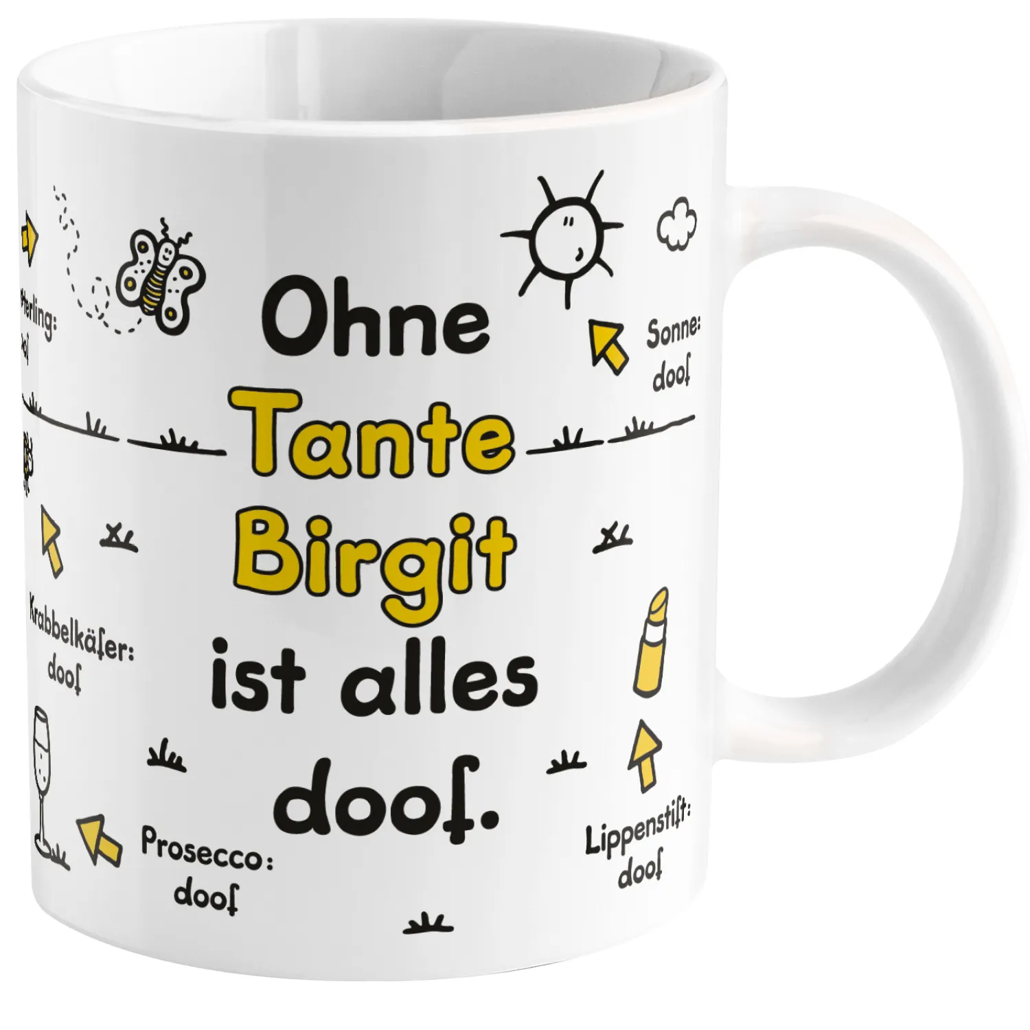 Weiße Porzellantasse mit schwarzem Spruch »Ohne Tante Birgit ist alles doof« in Gelb hervorgehoben