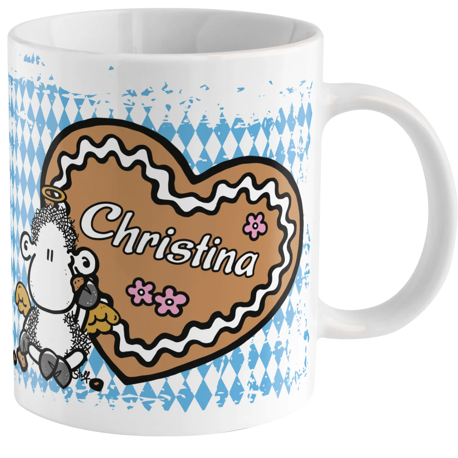 Weiße Keramiktasse mit braunem Herzmotiv und personalisiertem Namen Christina