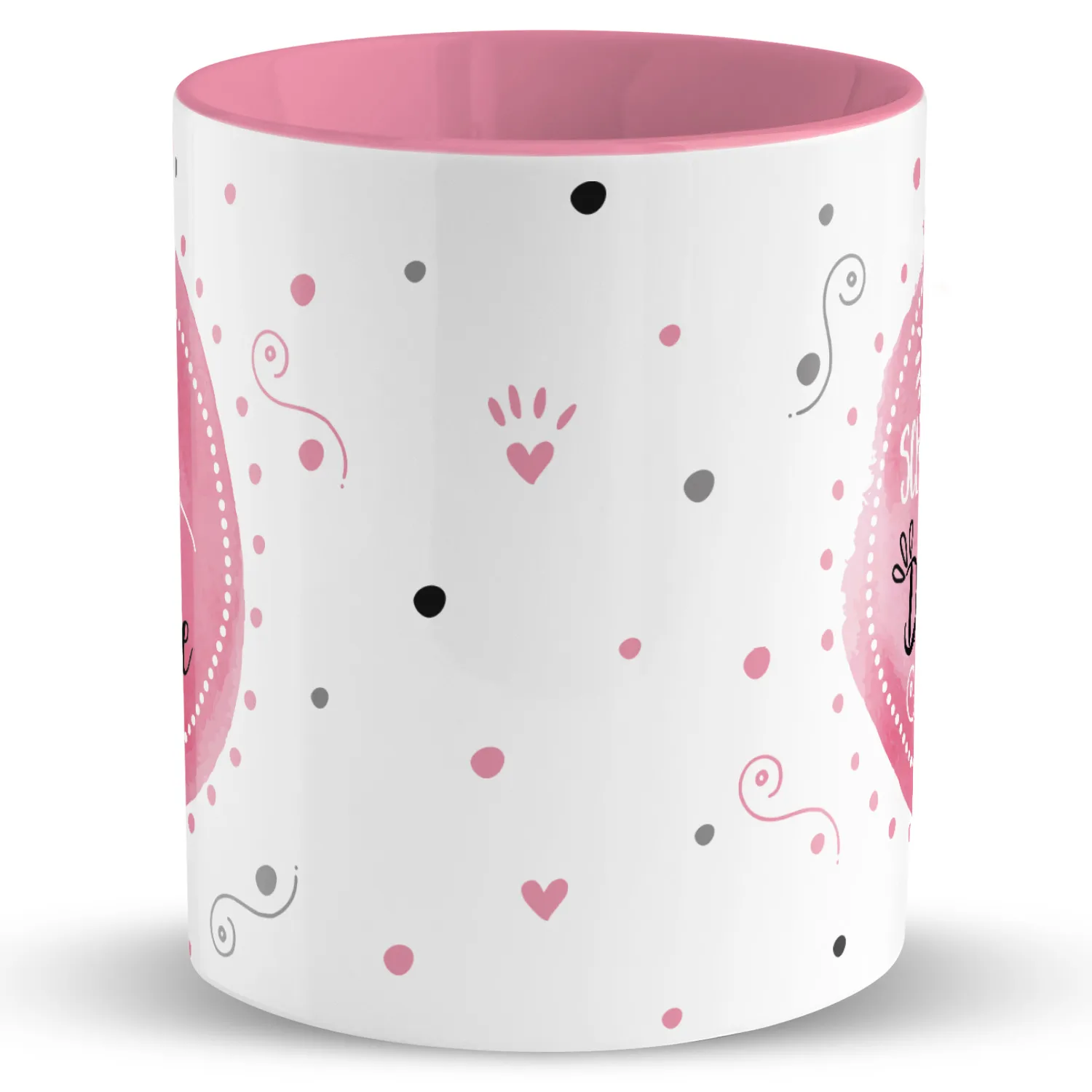Personalisierte Porzellankaffeetasse, rosa Innenfarbe, Herzen-Druck und frei wählbarer Name.