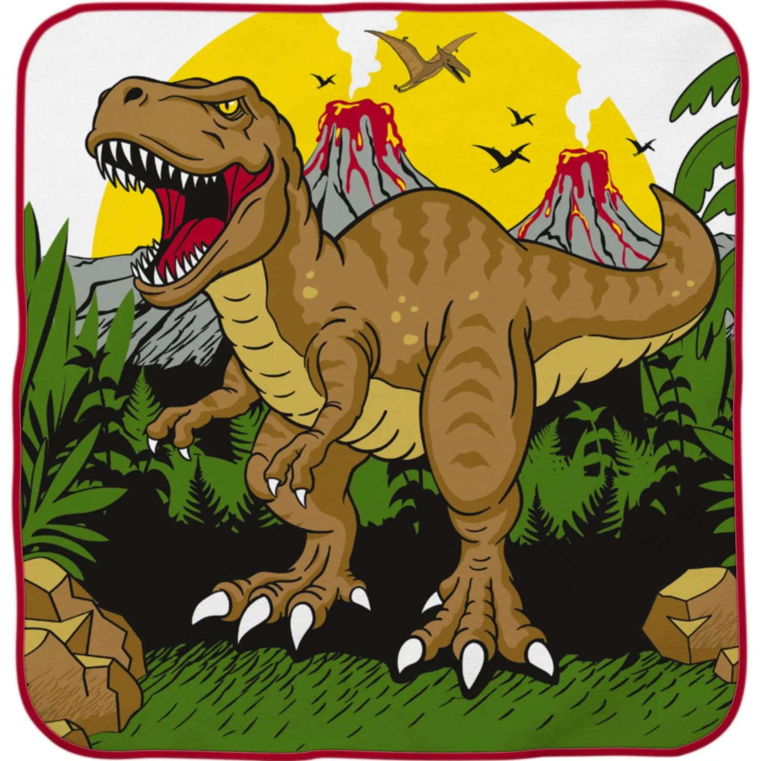 Zauberhandtuch Dino – 30x30 cm, 100% Baumwolle, Dino-Motiv, roter Rand.