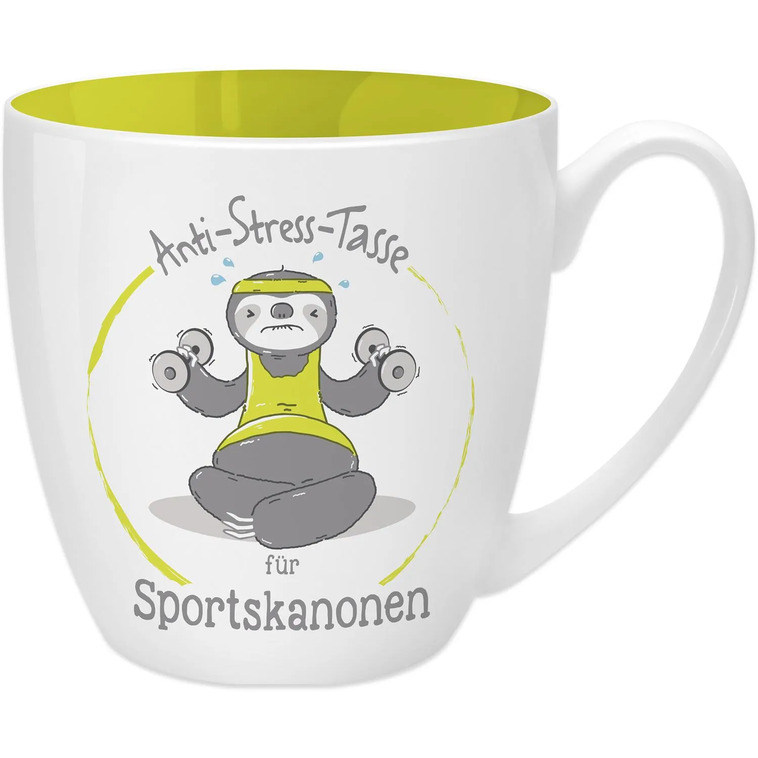 Weiße Keramik-Tasse mit grauem Schaf-Motiv und grün-gelbem Innenraum