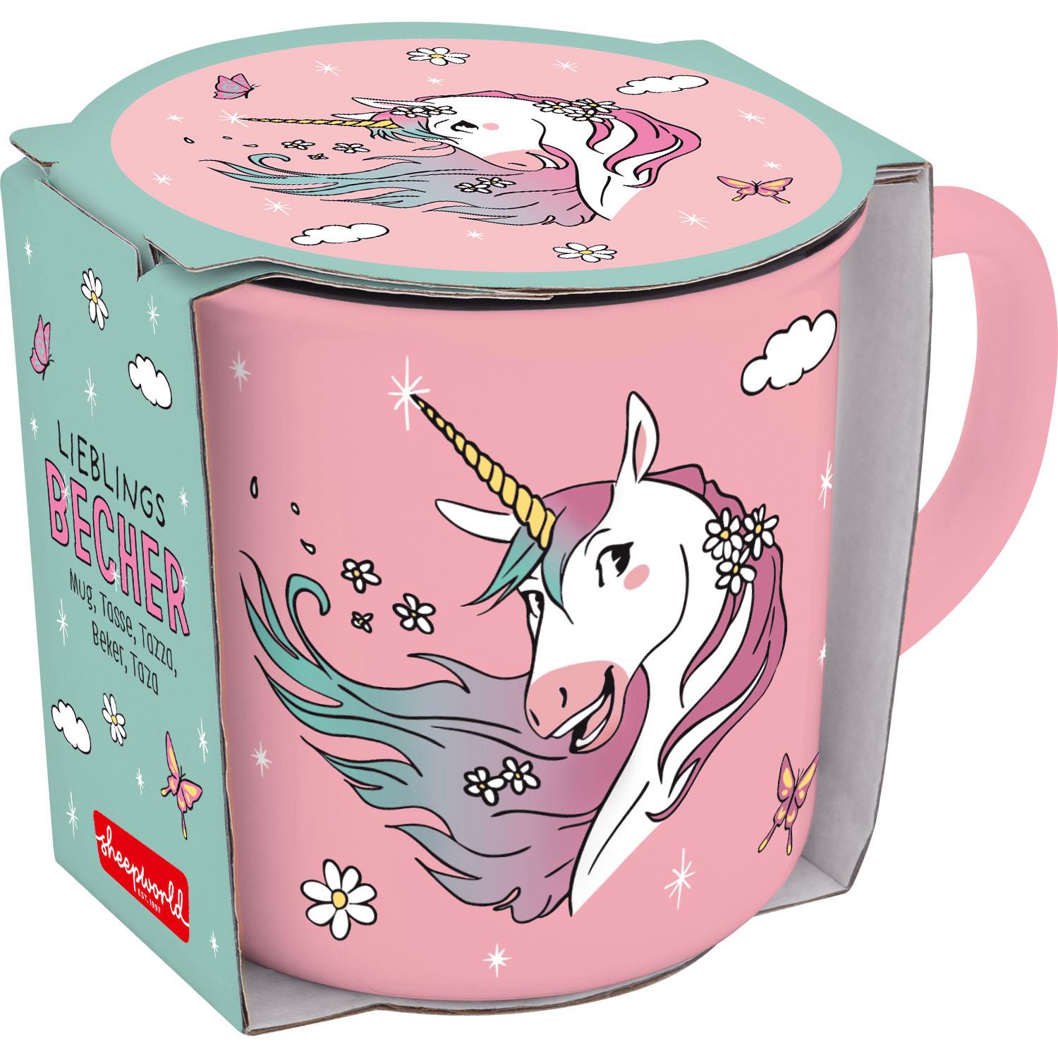 Pastellrosa Becher mit Einhorn-Motiv, goldener Horn, Blumen und Geschenkband.