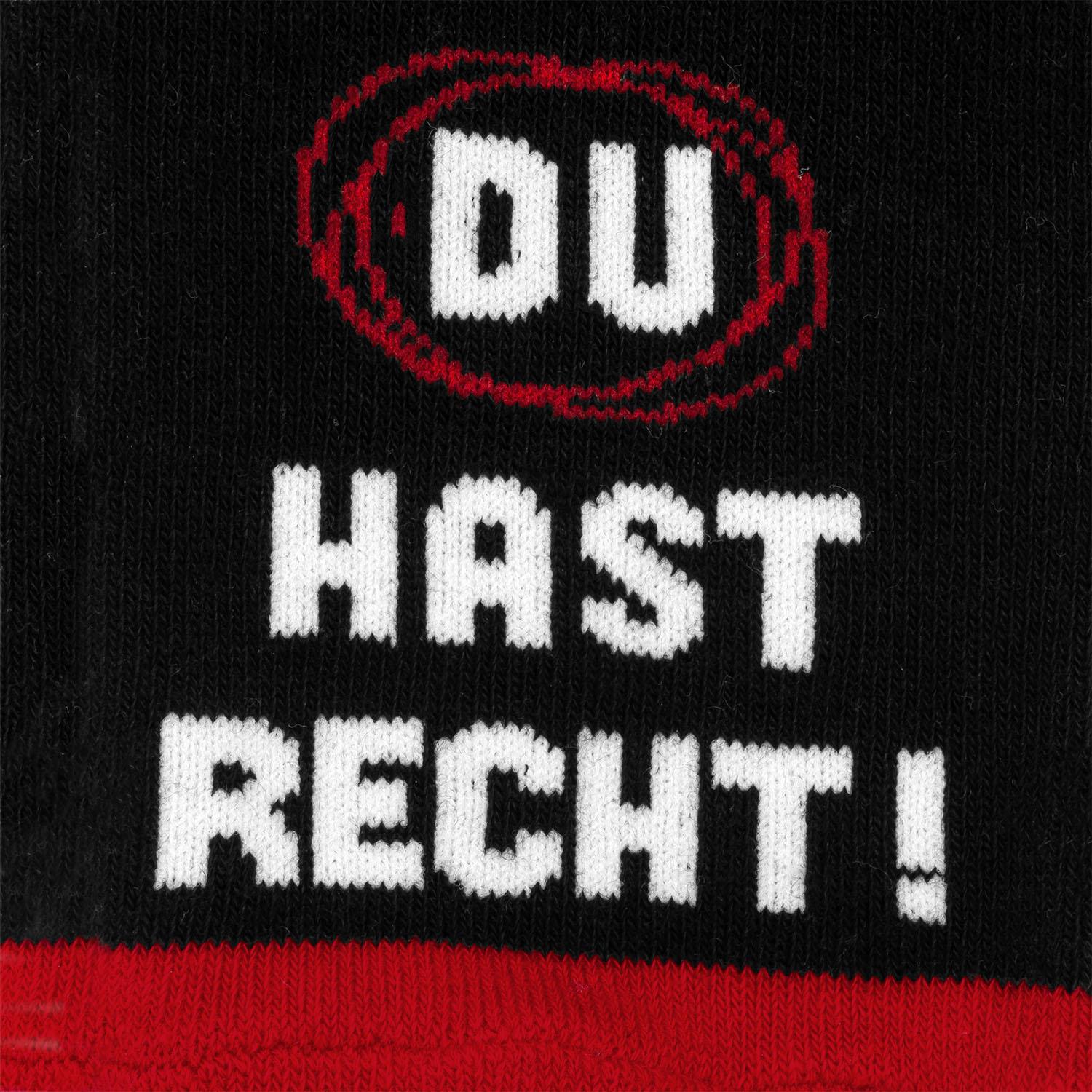 Schwarze Socke mit weißem Aufdruck 'DU HAST RECHT!' und rotem Bündchen
