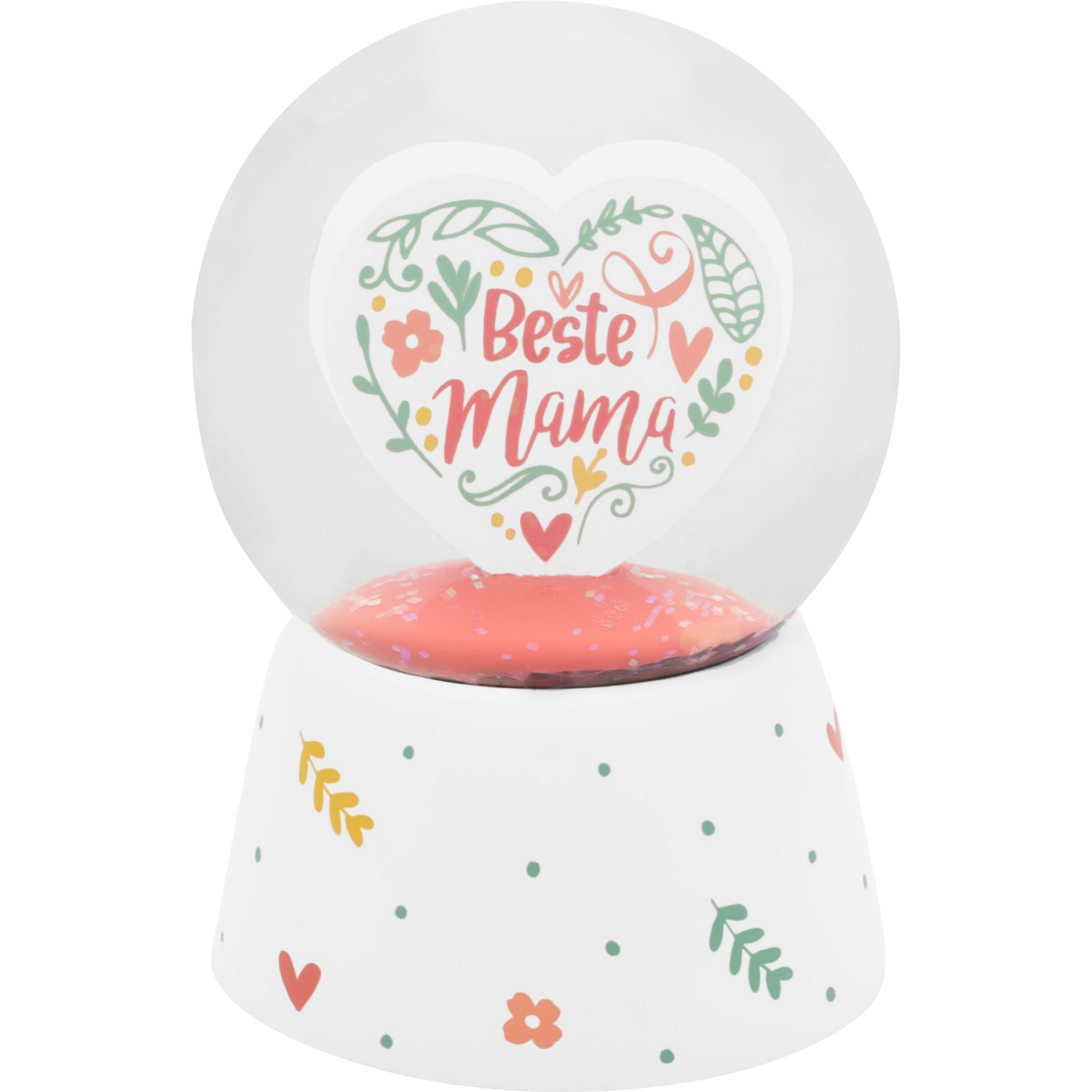 Schneekugel mit Herzmotiv 'Beste Mama' auf weißem Sockel, rosa Glitzer im Inneren