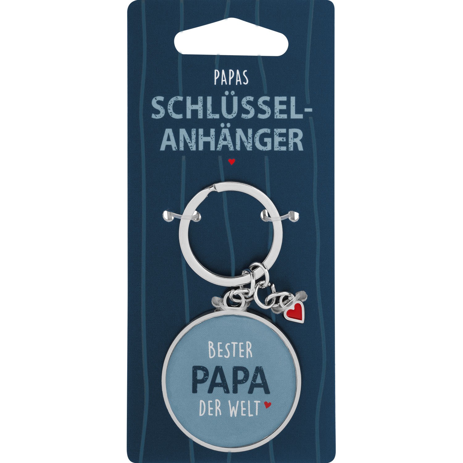 Runder hellblauer Schlüsselanhänger mit weißem Rand und rotem Herzchen