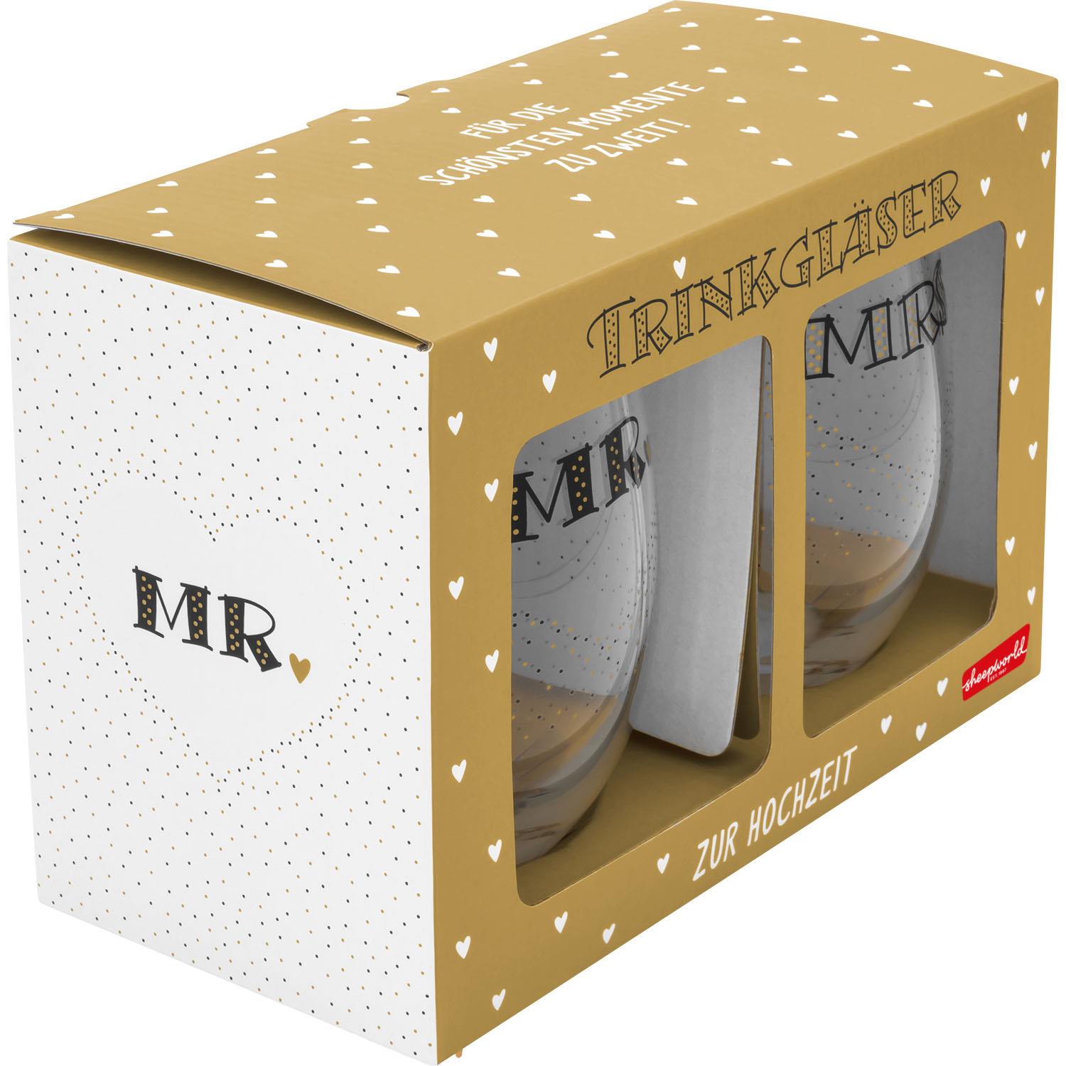 Trinkglas-Set Mr & Mrs in Geschenkschachtel mit Golddruck