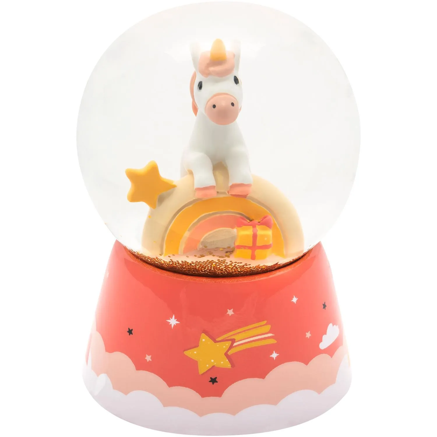 Schneekugel »Einhorn« – pinker Sockel, Regenbogen, Glitter, Glasglobus