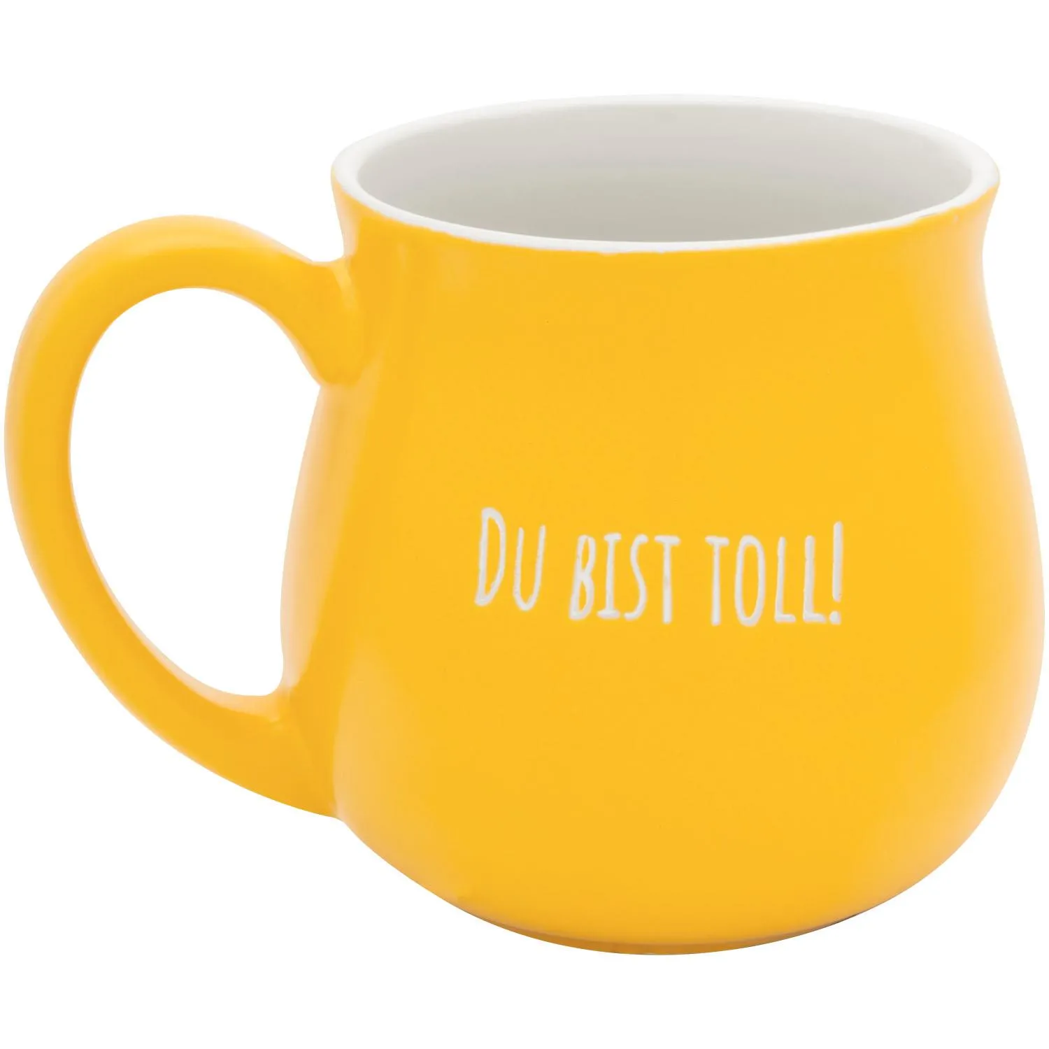 Gelbe bauchige Lieblingstasse mit weißem Innenrand und dem Schriftzug 'Du bist toll!'