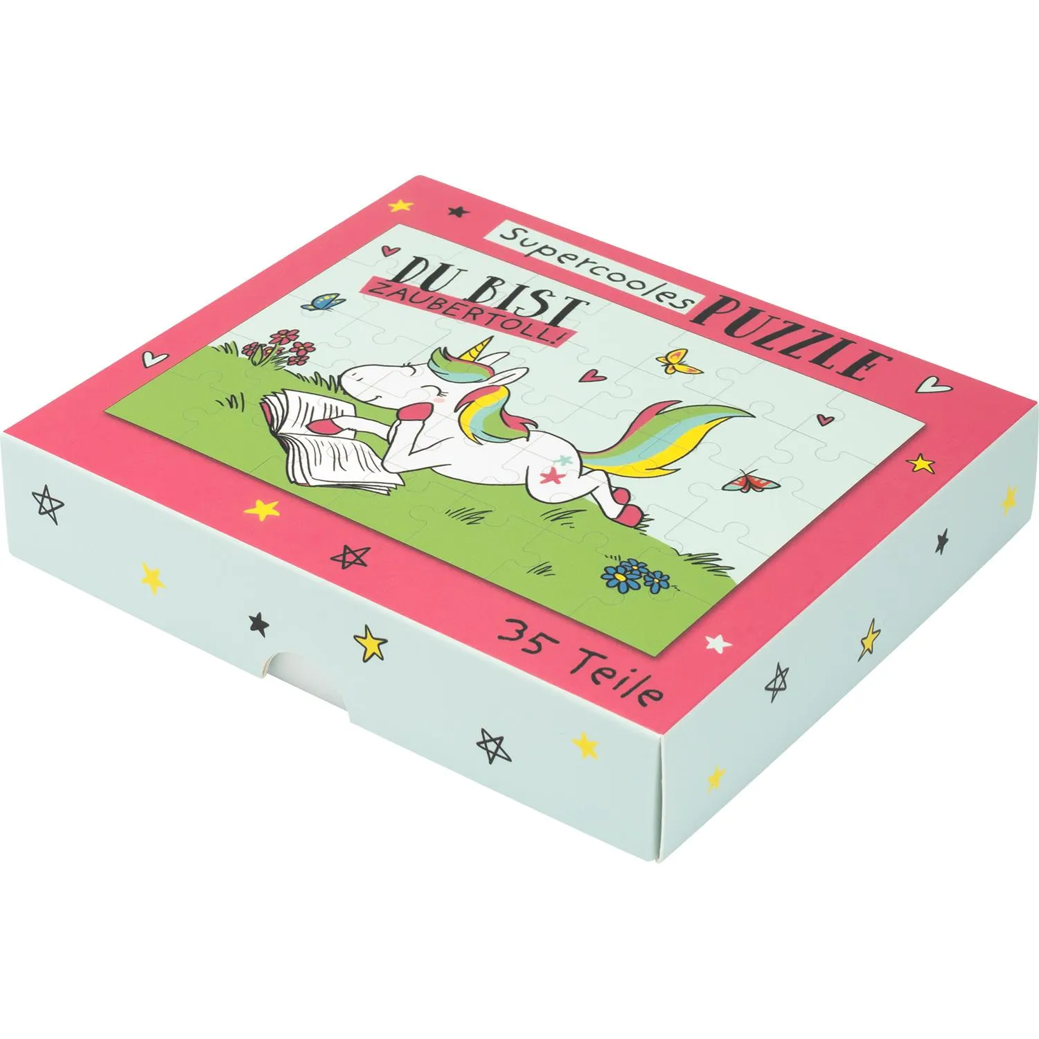 Puzzle »Einhorn« mit 35 Teilen in pinker Box, aus Papier.
