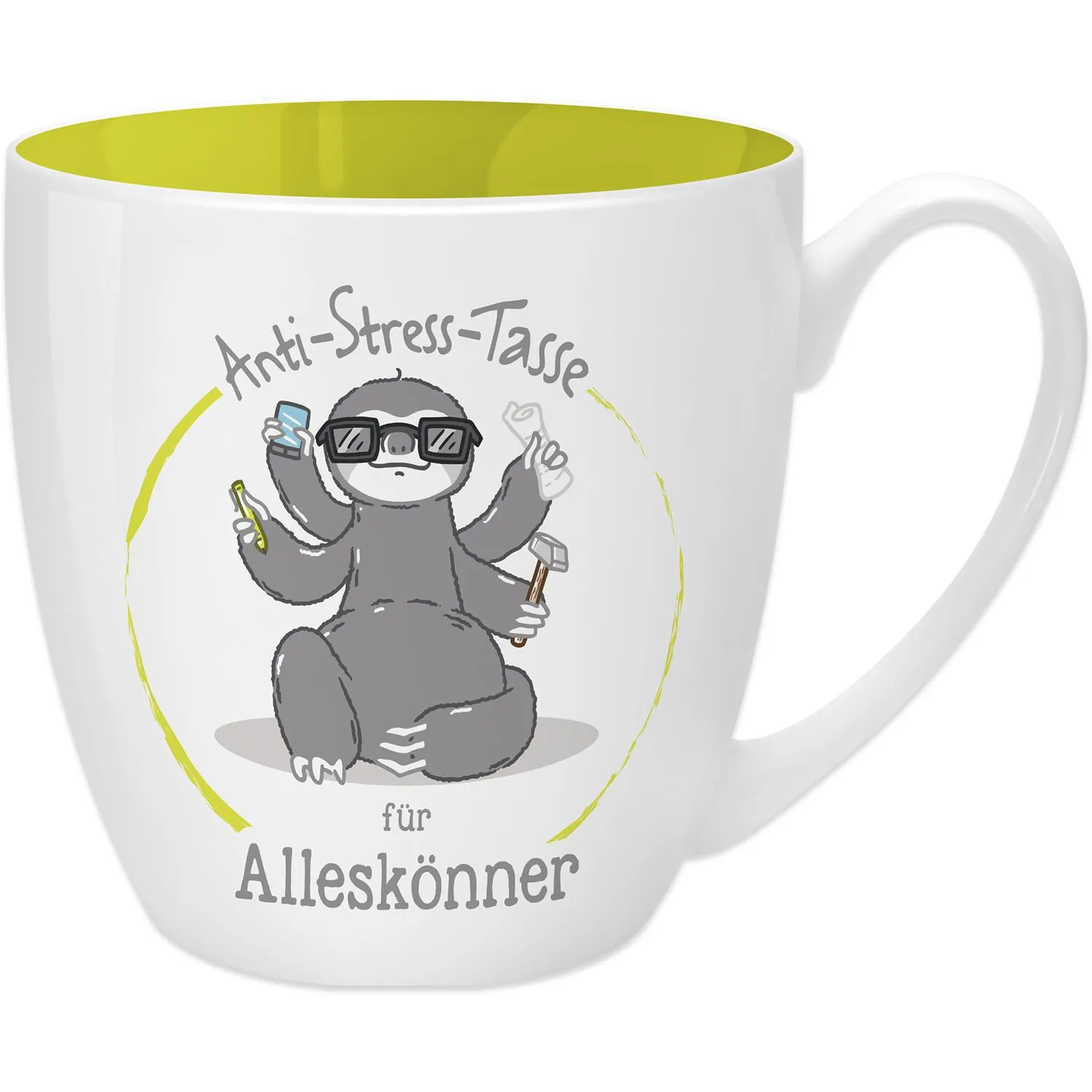 Weiße Keramik-Tasse mit gelb-grüner Innenfarbe und Cartoon-Schaf mit Werkzeugen