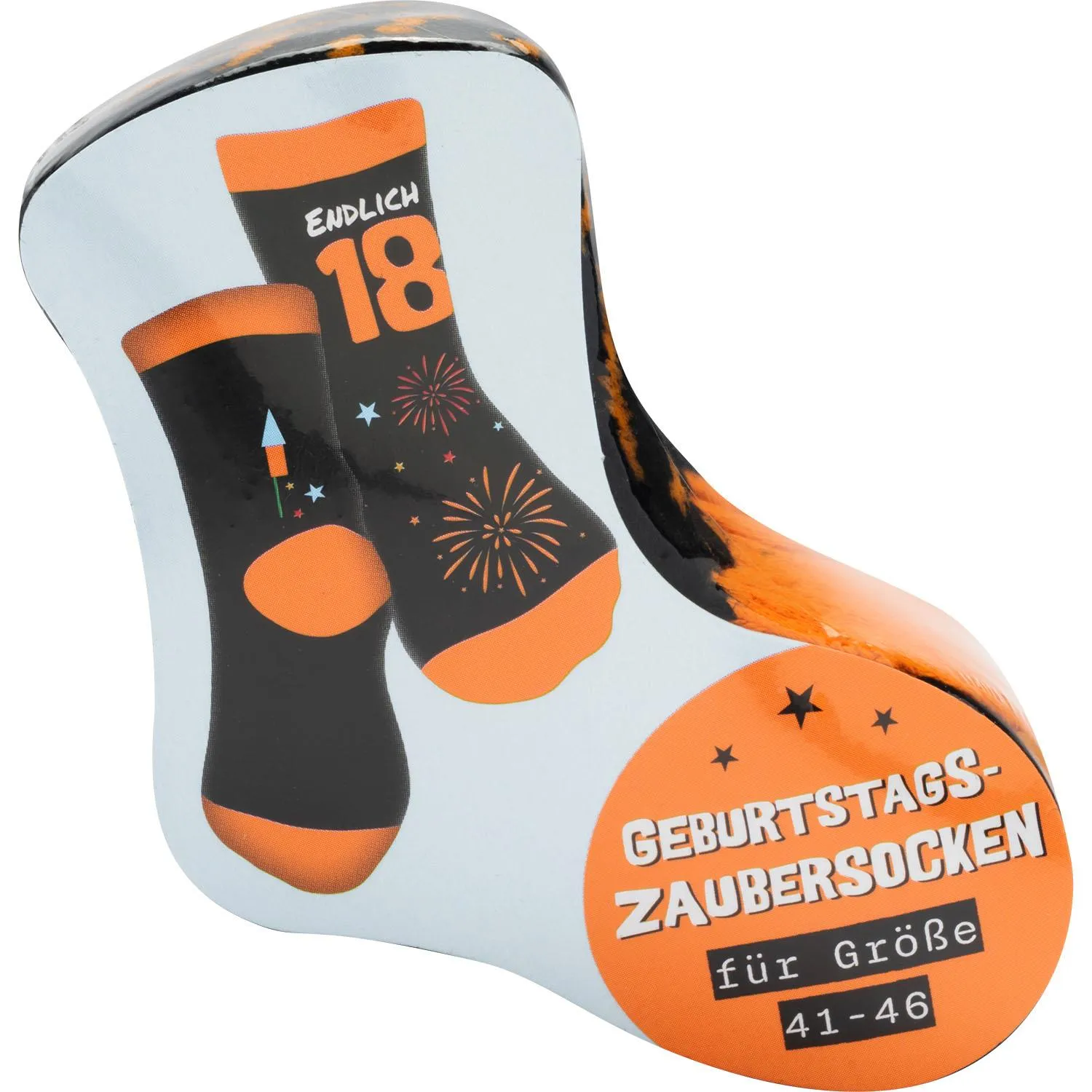 Zaubersocken zum 18. Geburtstag mit Aufdruck Endlich 18, Schwarz-Orange, Größe 41-46