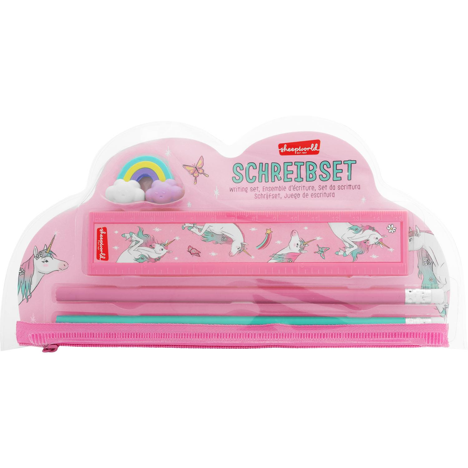 Rosa Schreibset mit Einhorn und Regenbogen, inkl. Lineal und Stiften