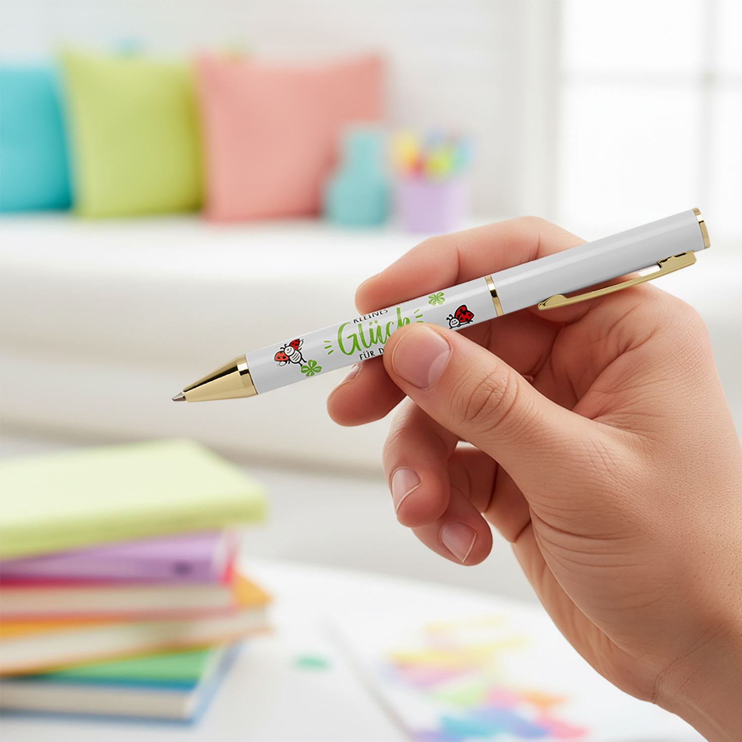 Weißer Kugelschreiber Glück mit goldener Spitze, verziert mit Kleeblättern und Marienkäfern